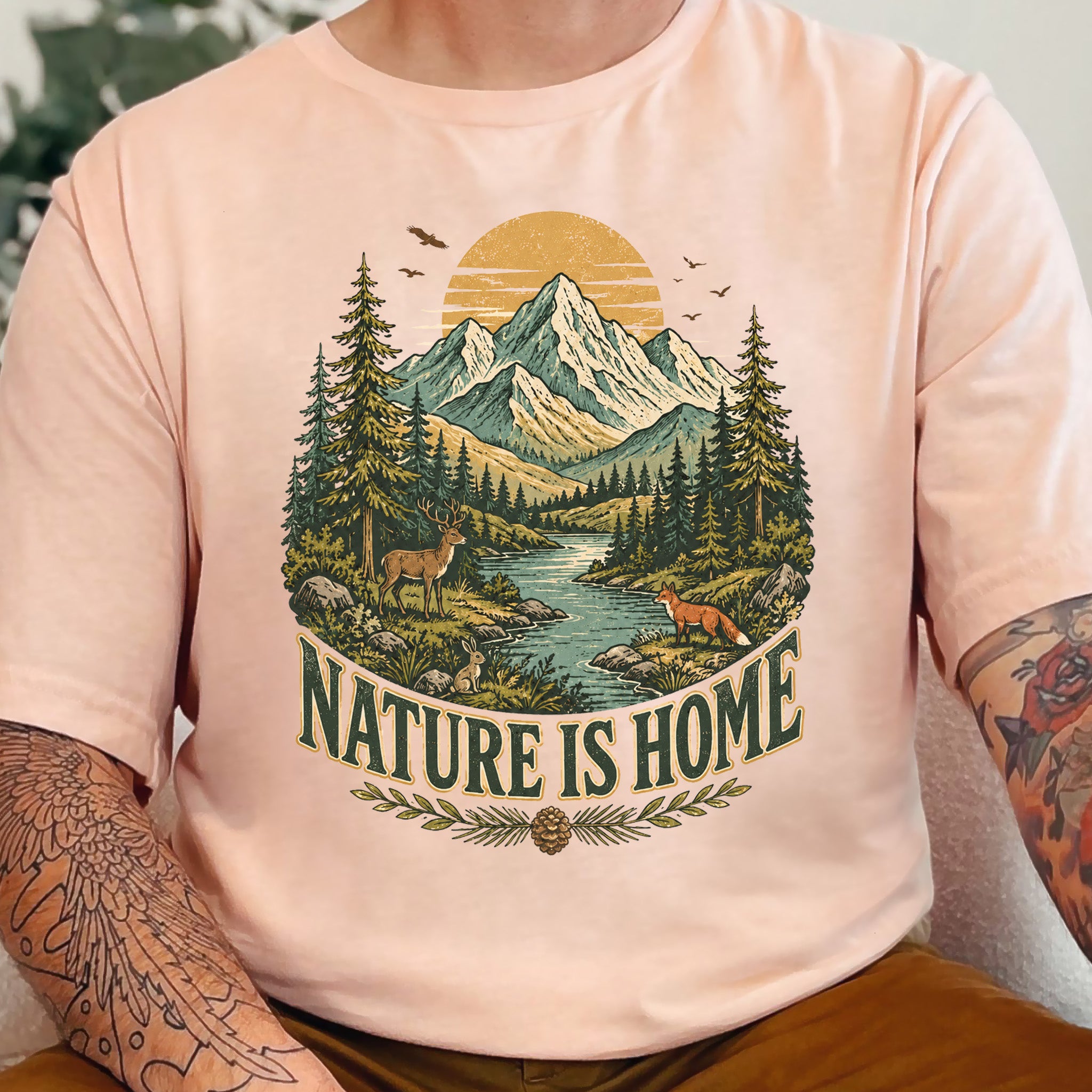 Nature Is Home Retro Mountain Wildlife Earth Day Nature Lover Gift T-Shirt