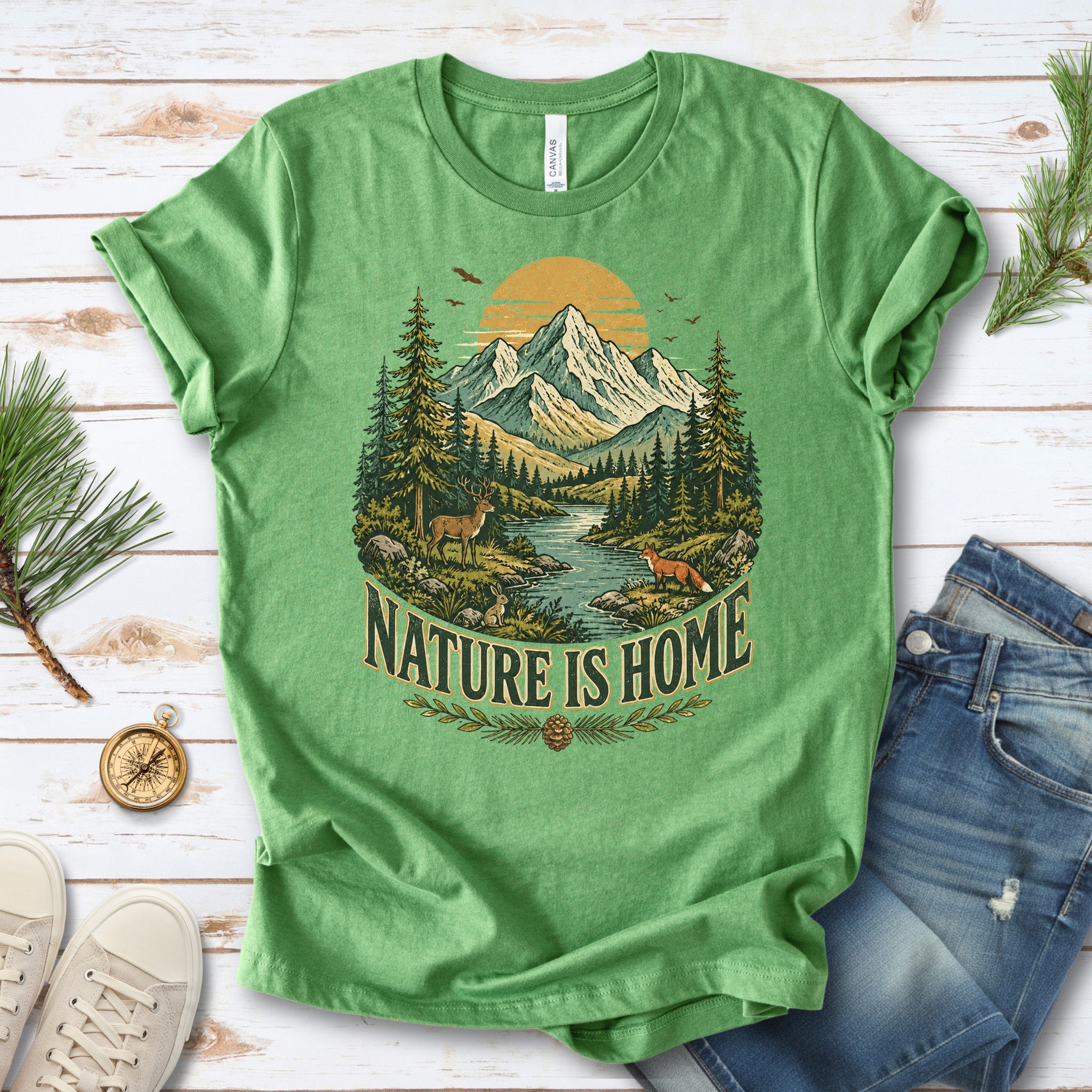 Nature Is Home Retro Mountain Wildlife Earth Day Nature Lover Gift T-Shirt