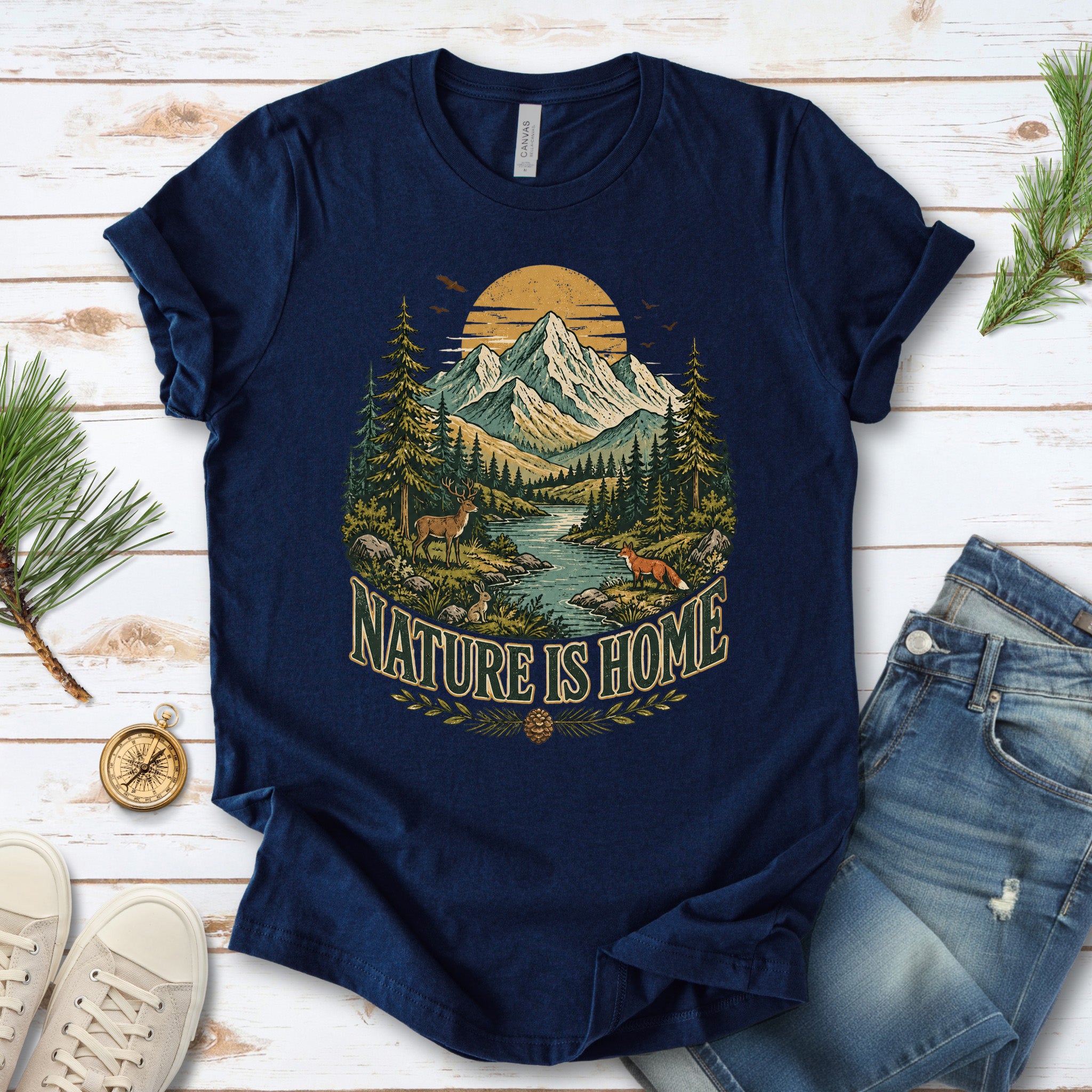 Nature Is Home Retro Mountain Wildlife Earth Day Nature Lover Gift T-Shirt