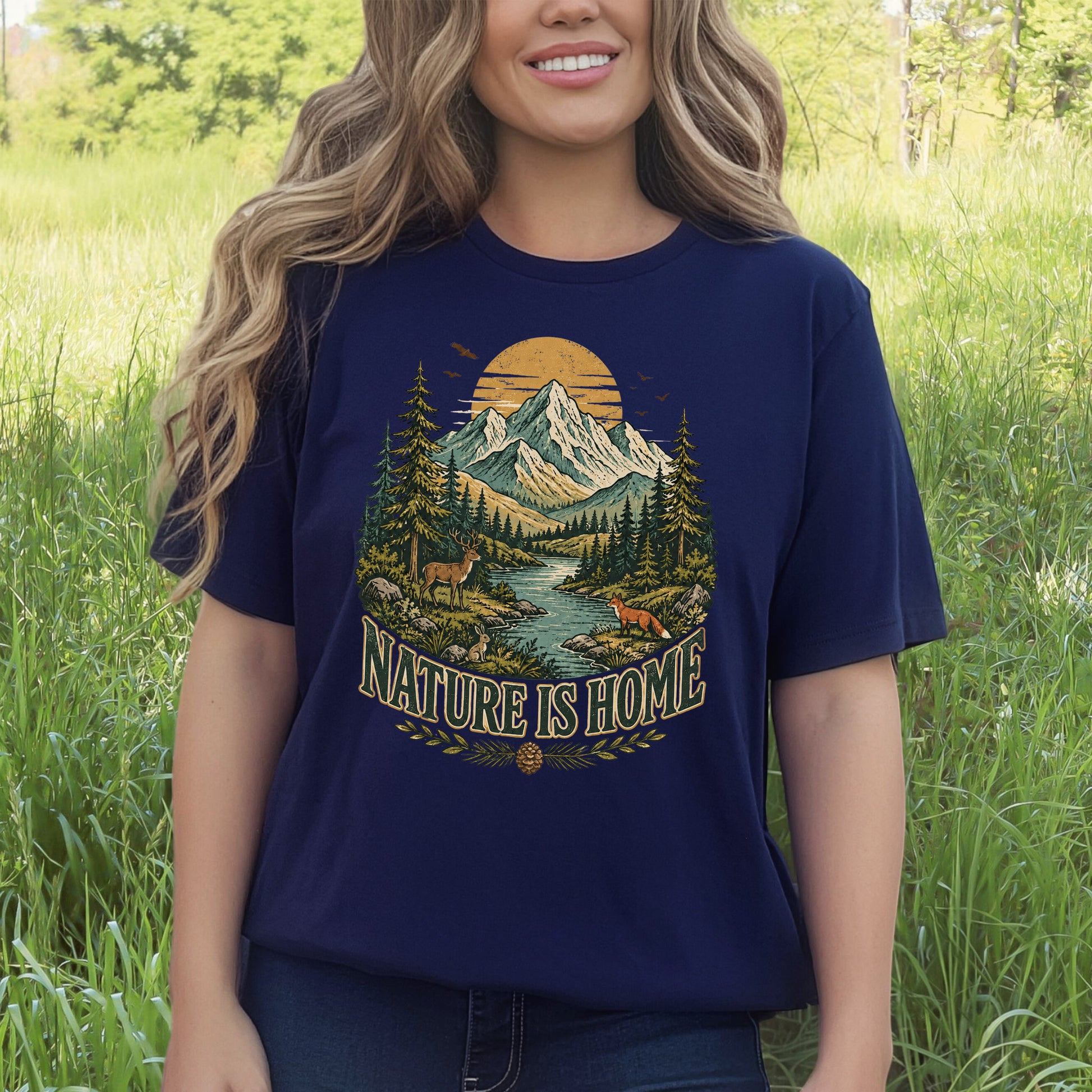 Nature Is Home Retro Mountain Wildlife Earth Day Nature Lover Gift T-Shirt