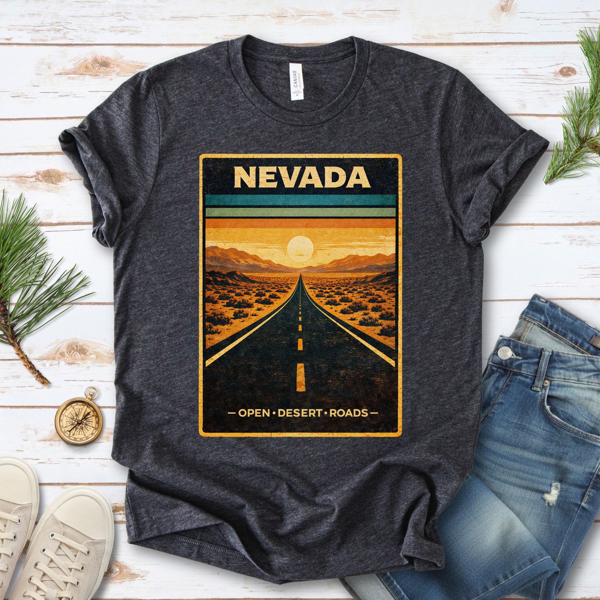 Nevada Open Desert Roads Retro Road Trip Adventure T-Shirt