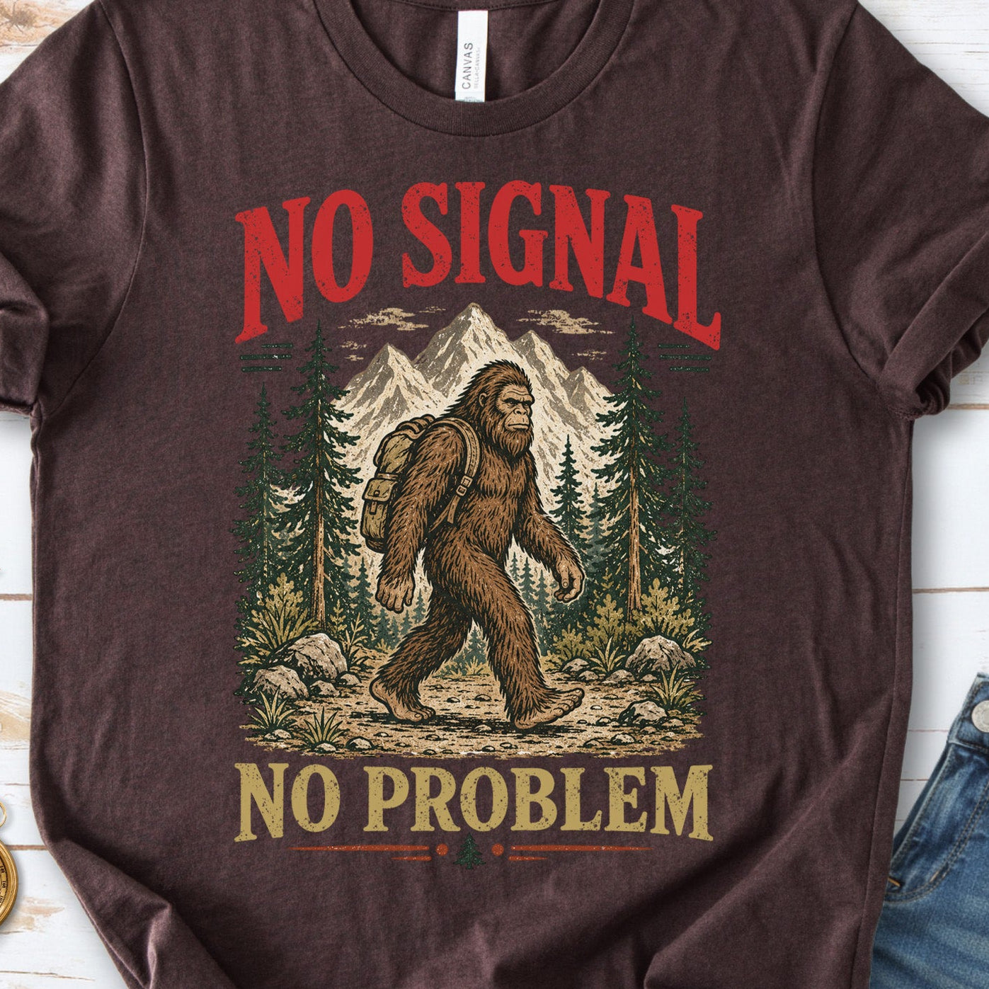 No Signal No Problem Bigfoot Sasquatch Camping Humor T-Shirt