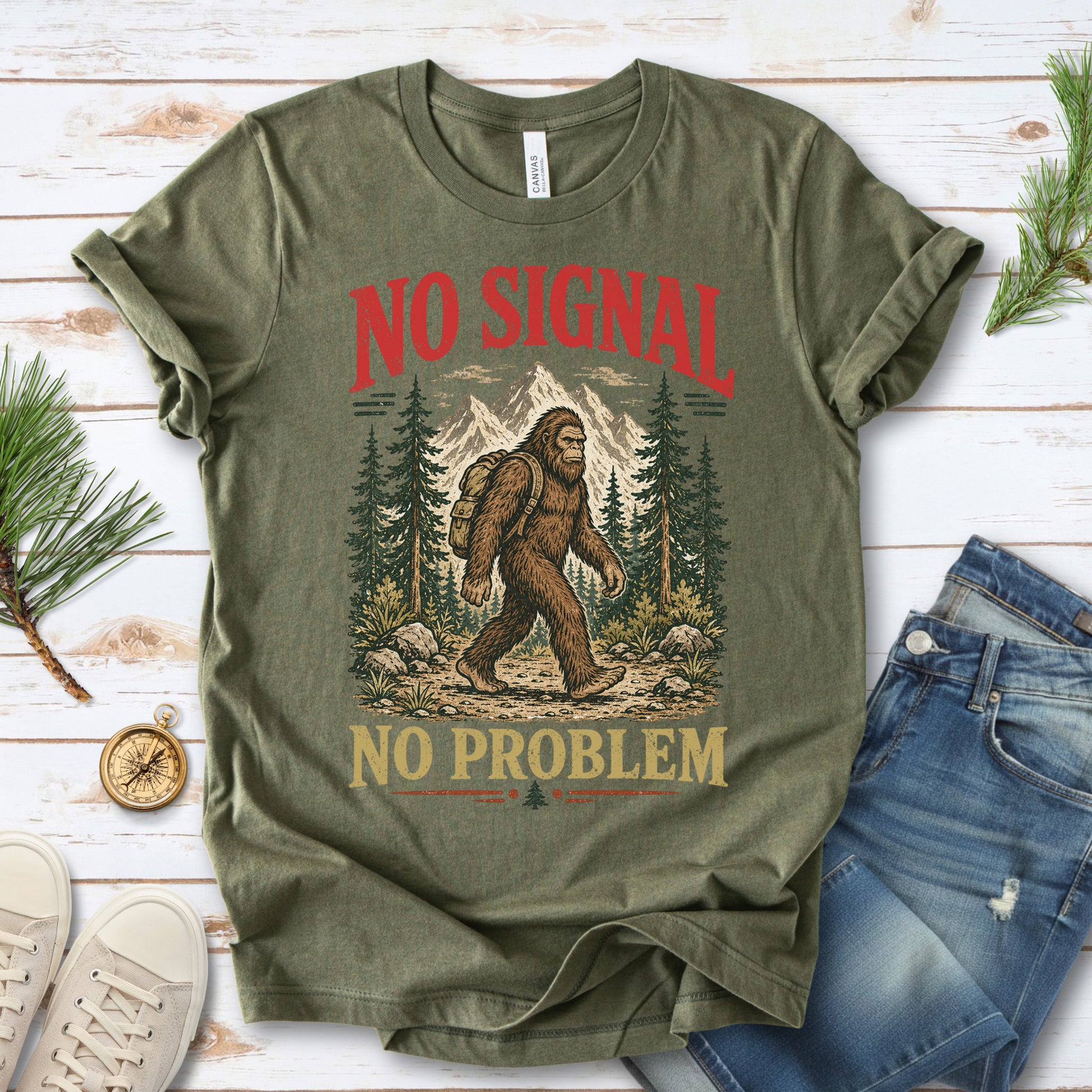 No Signal No Problem Bigfoot Sasquatch Camping Humor T-Shirt