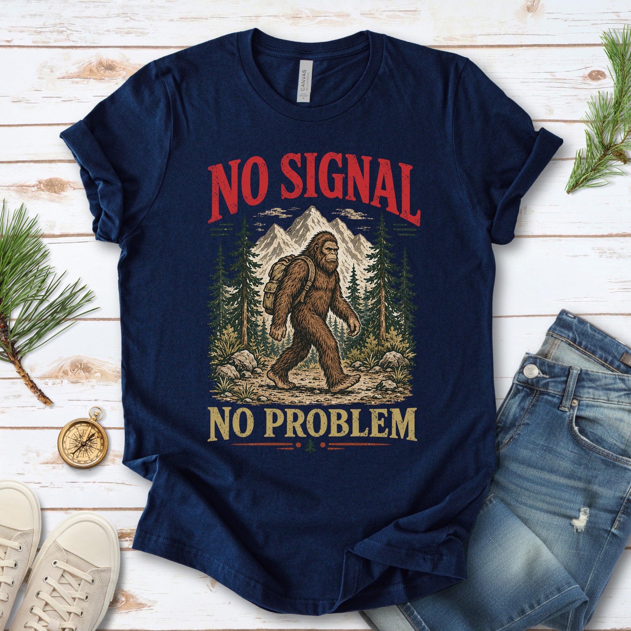 No Signal No Problem Bigfoot Sasquatch Camping Humor T-Shirt