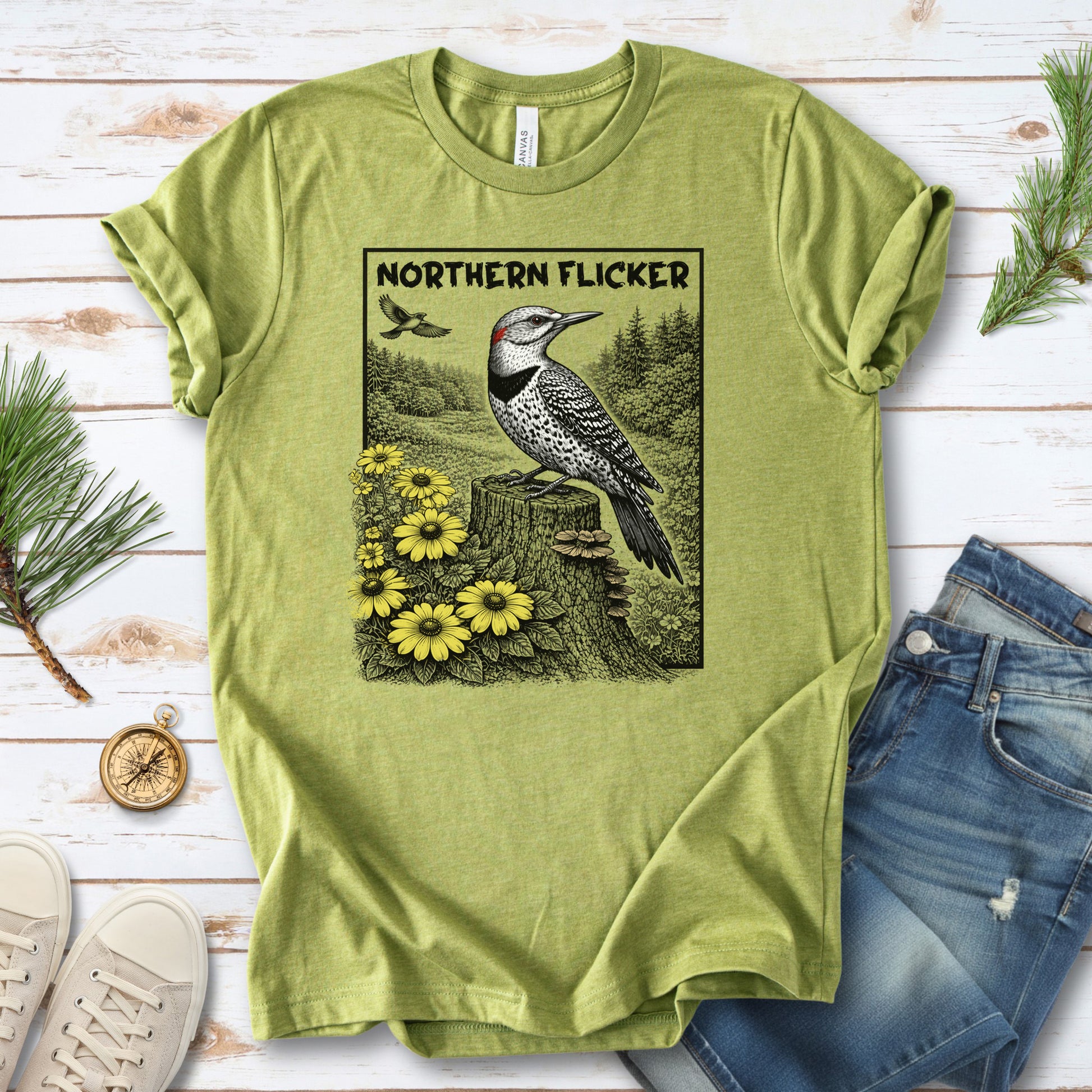 Northern Flicker T-Shirt – Retro Wildflower Birdwatching Vibes