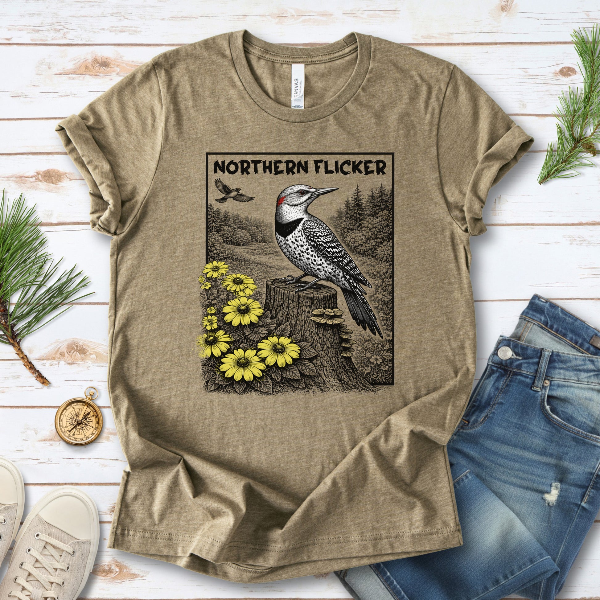 Northern Flicker T-Shirt – Retro Wildflower Birdwatching Vibes