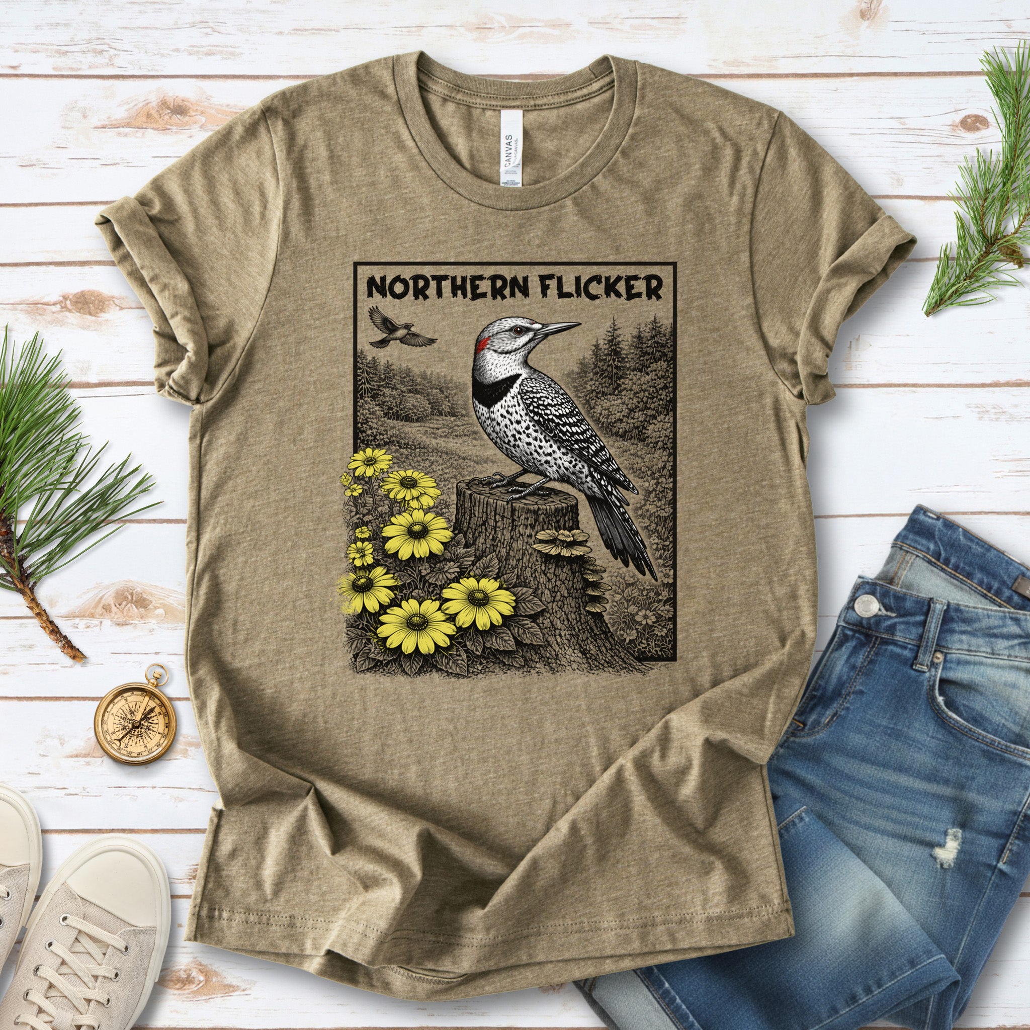Northern Flicker T-Shirt – Retro Wildflower Birdwatching Vibes
