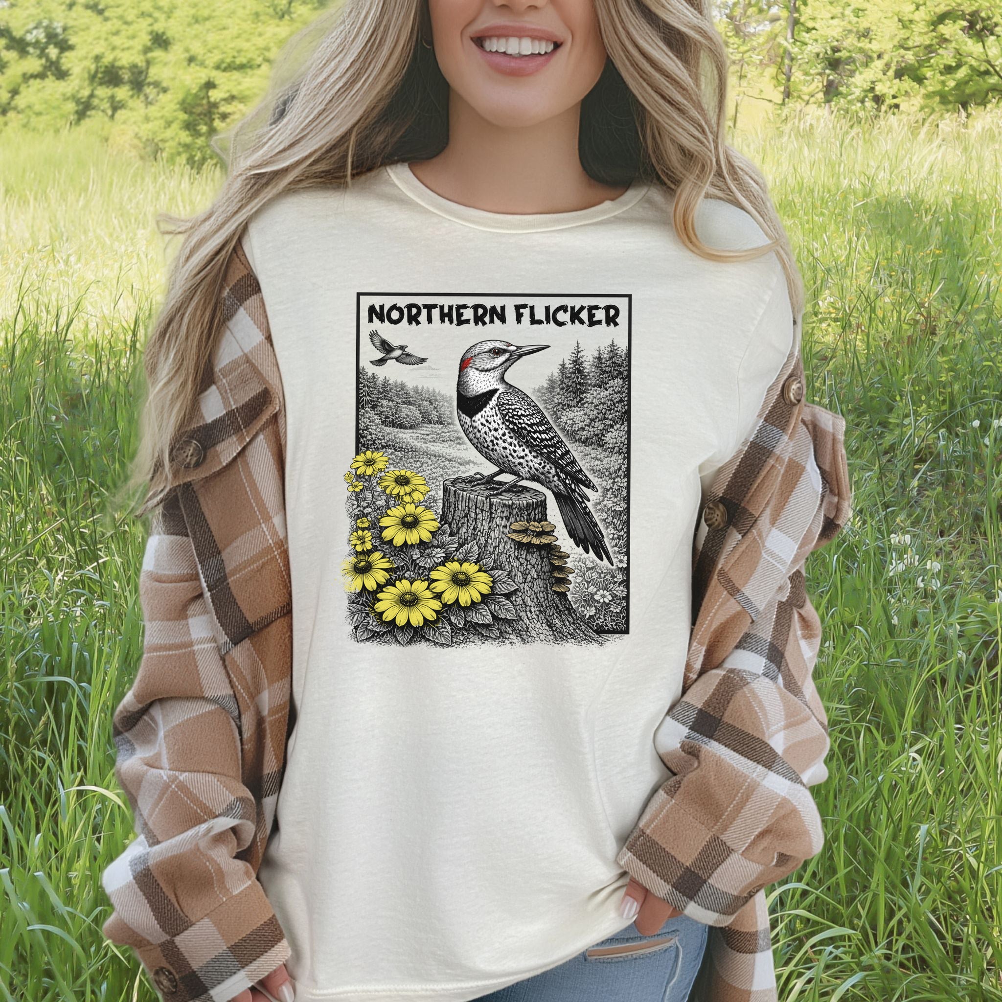 Northern Flicker T-Shirt – Retro Wildflower Birdwatching Vibes