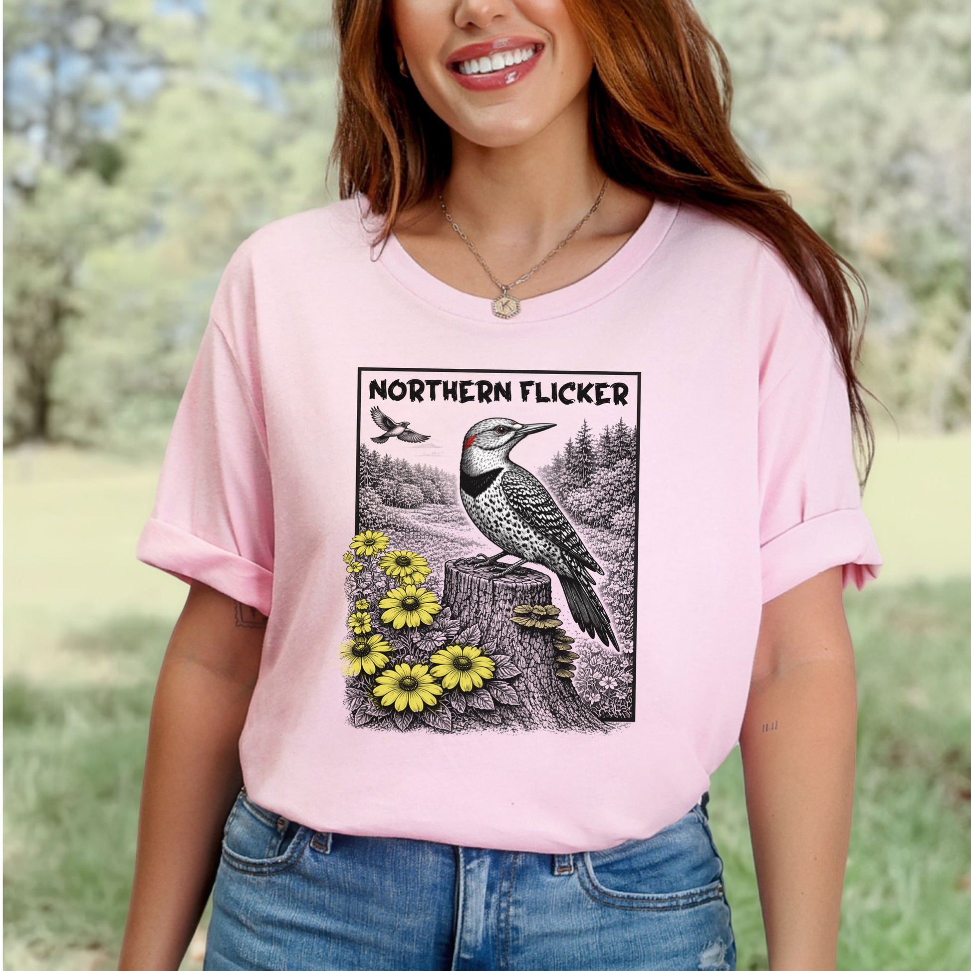 Northern Flicker T-Shirt – Retro Wildflower Birdwatching Vibes