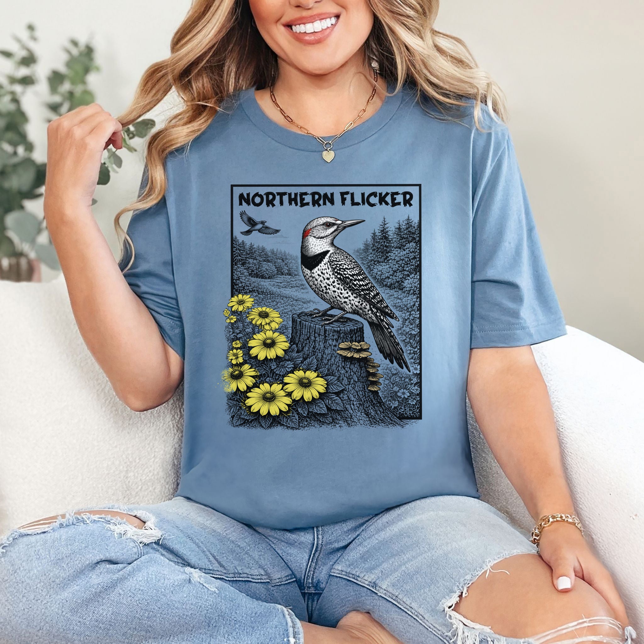 Northern Flicker T-Shirt – Retro Wildflower Birdwatching Vibes