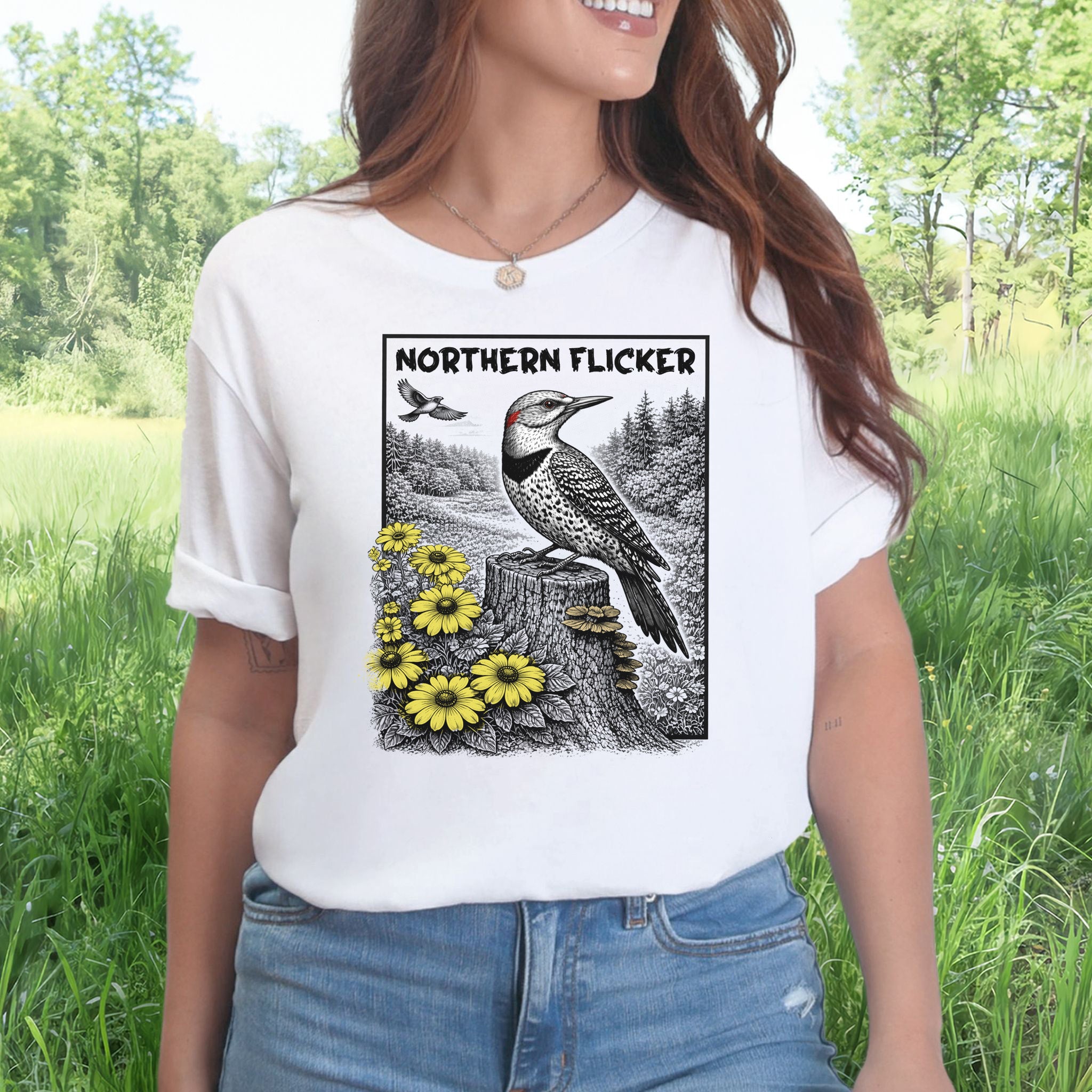 Northern Flicker T-Shirt – Retro Wildflower Birdwatching Vibes