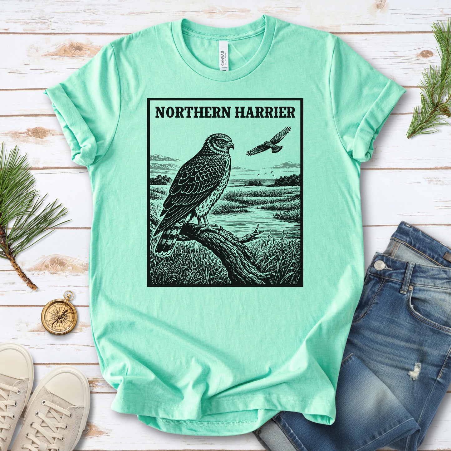 Northern Harrier Vintage Raptor Illustration Birdwatching T-Shirt