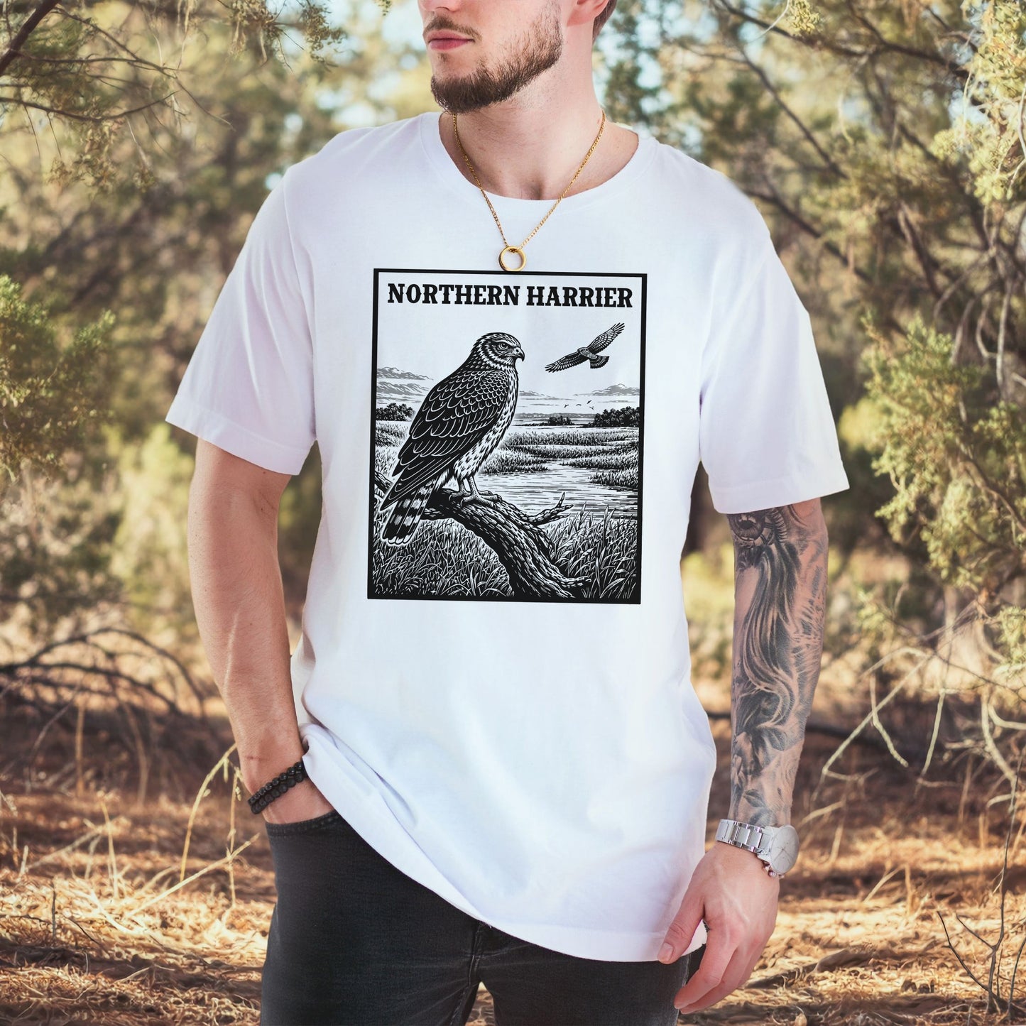 Northern Harrier Vintage Raptor Illustration Birdwatching T-Shirt