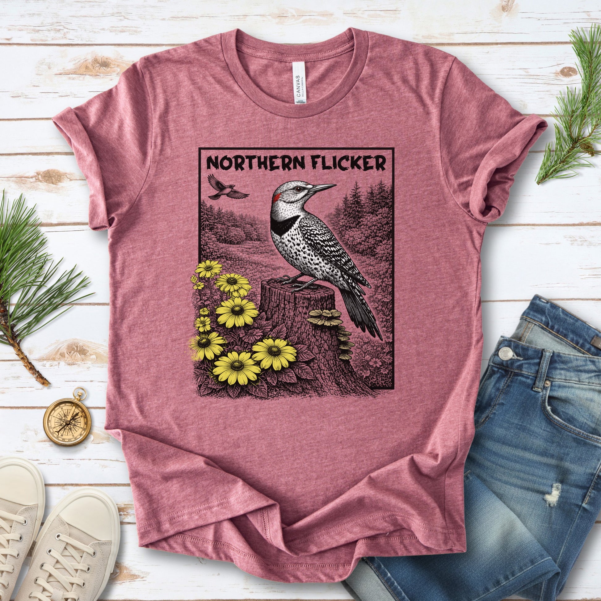 Northern Flicker T-Shirt – Retro Wildflower Birdwatching Vibes