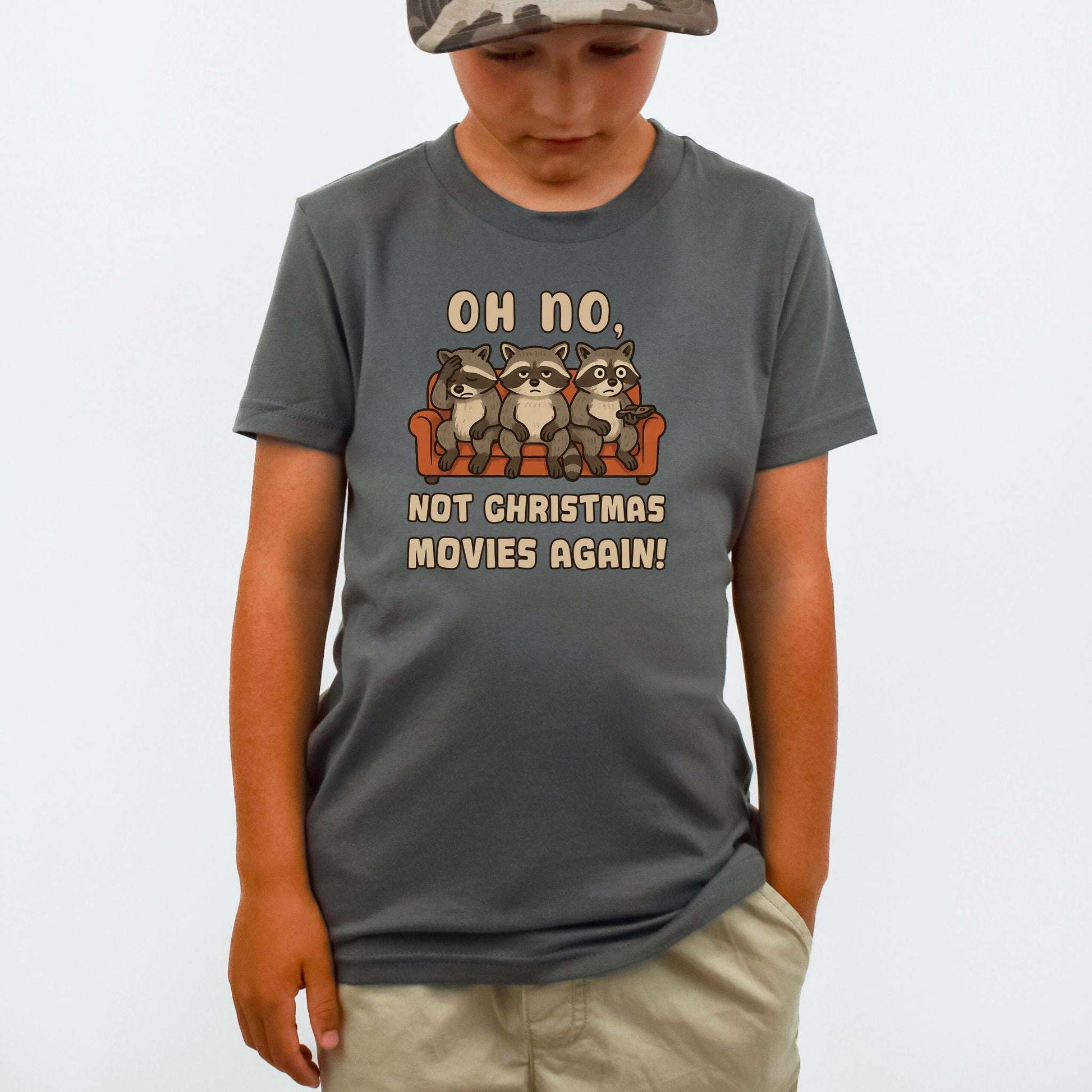 Not Christmas Movies Again Youth T-Shirt – Funny Raccoon Movie Night