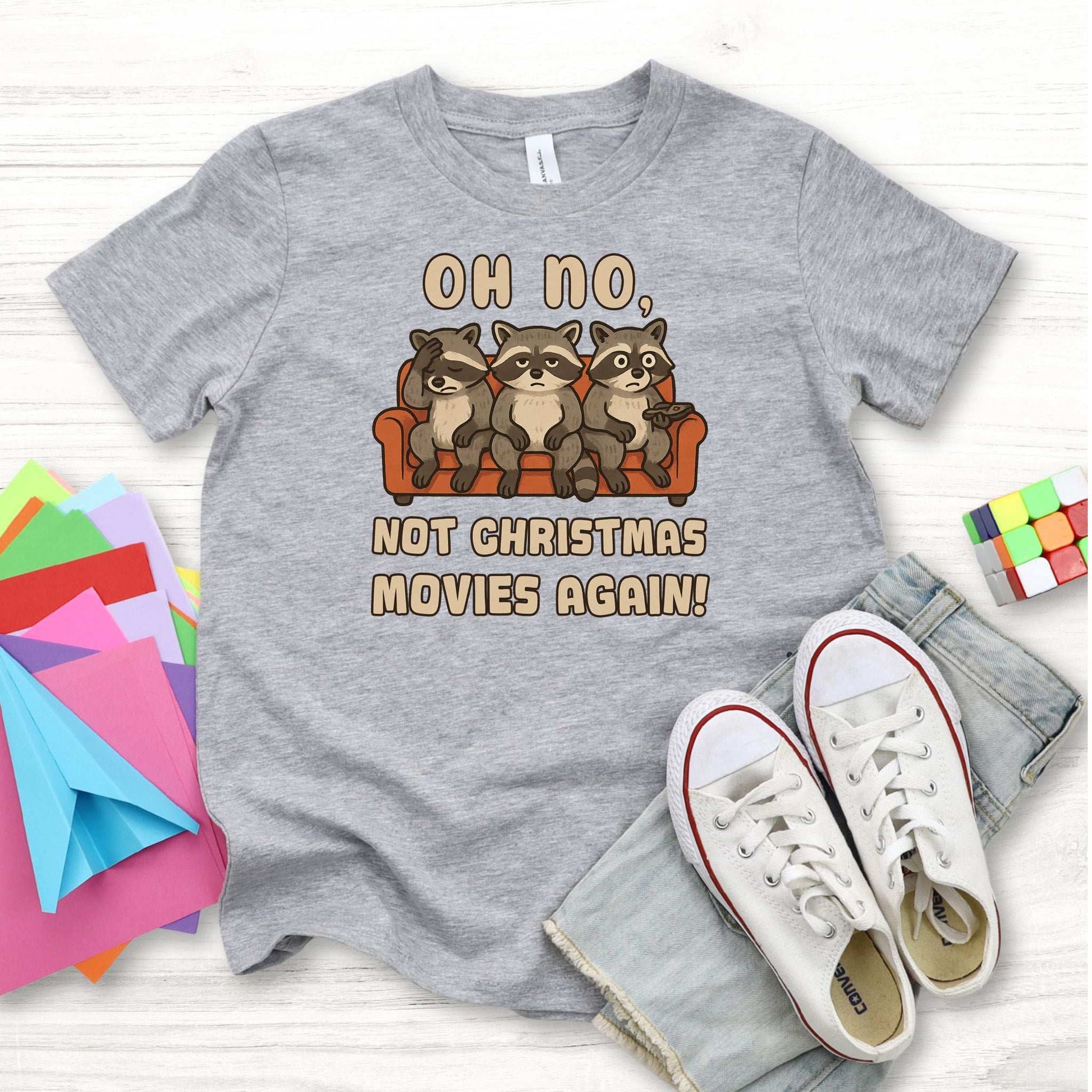 Not Christmas Movies Again Youth T-Shirt – Funny Raccoon Movie Night