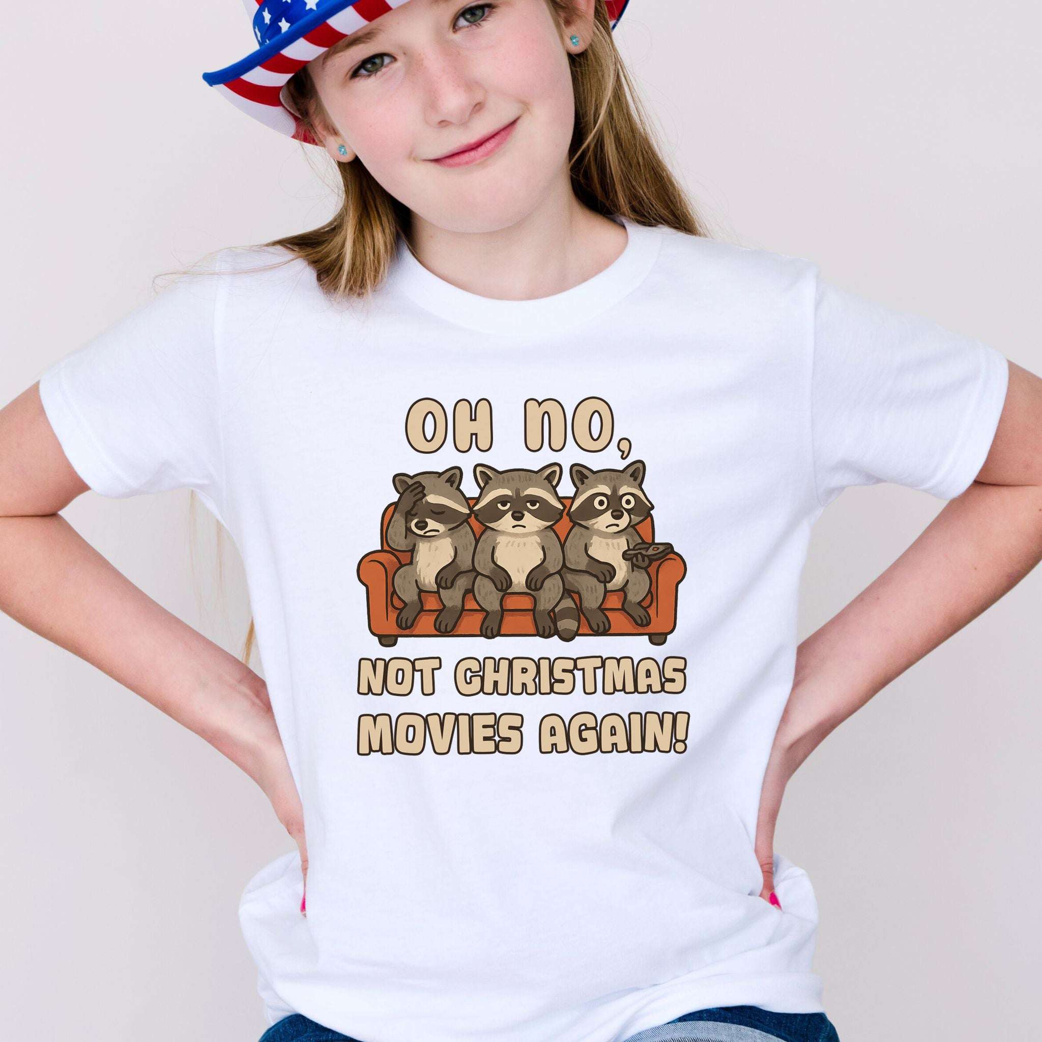 Not Christmas Movies Again Youth T-Shirt – Funny Raccoon Movie Night