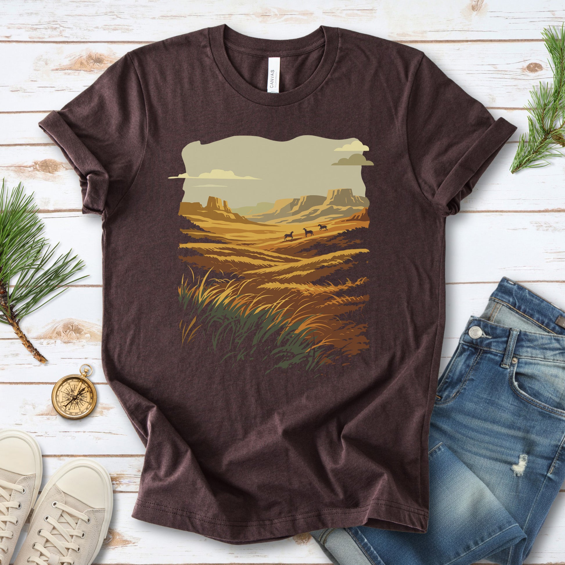 Open Range T-Shirt – Wild West Desert Horizon & Mustang Adventure Tee