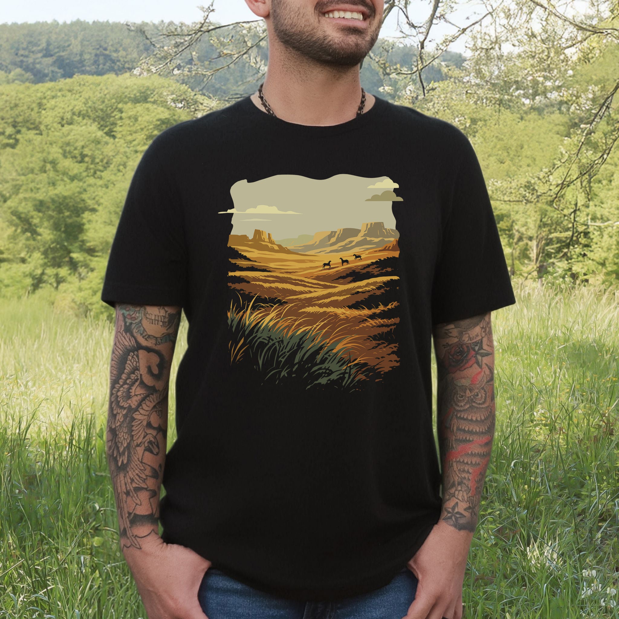 Open Range T-Shirt – Wild West Desert Horizon & Mustang Adventure Tee