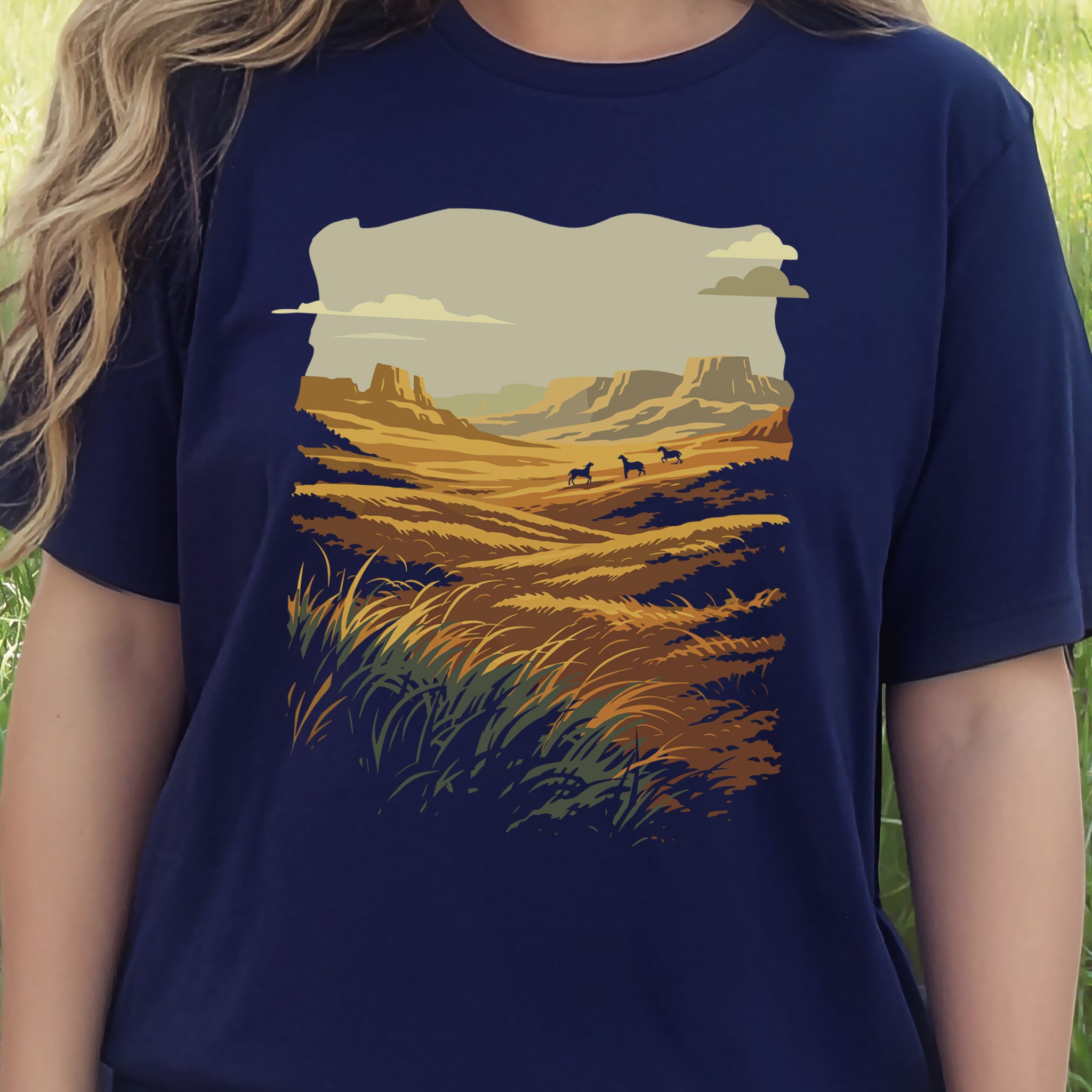 Open Range T-Shirt – Wild West Desert Horizon & Mustang Adventure Tee