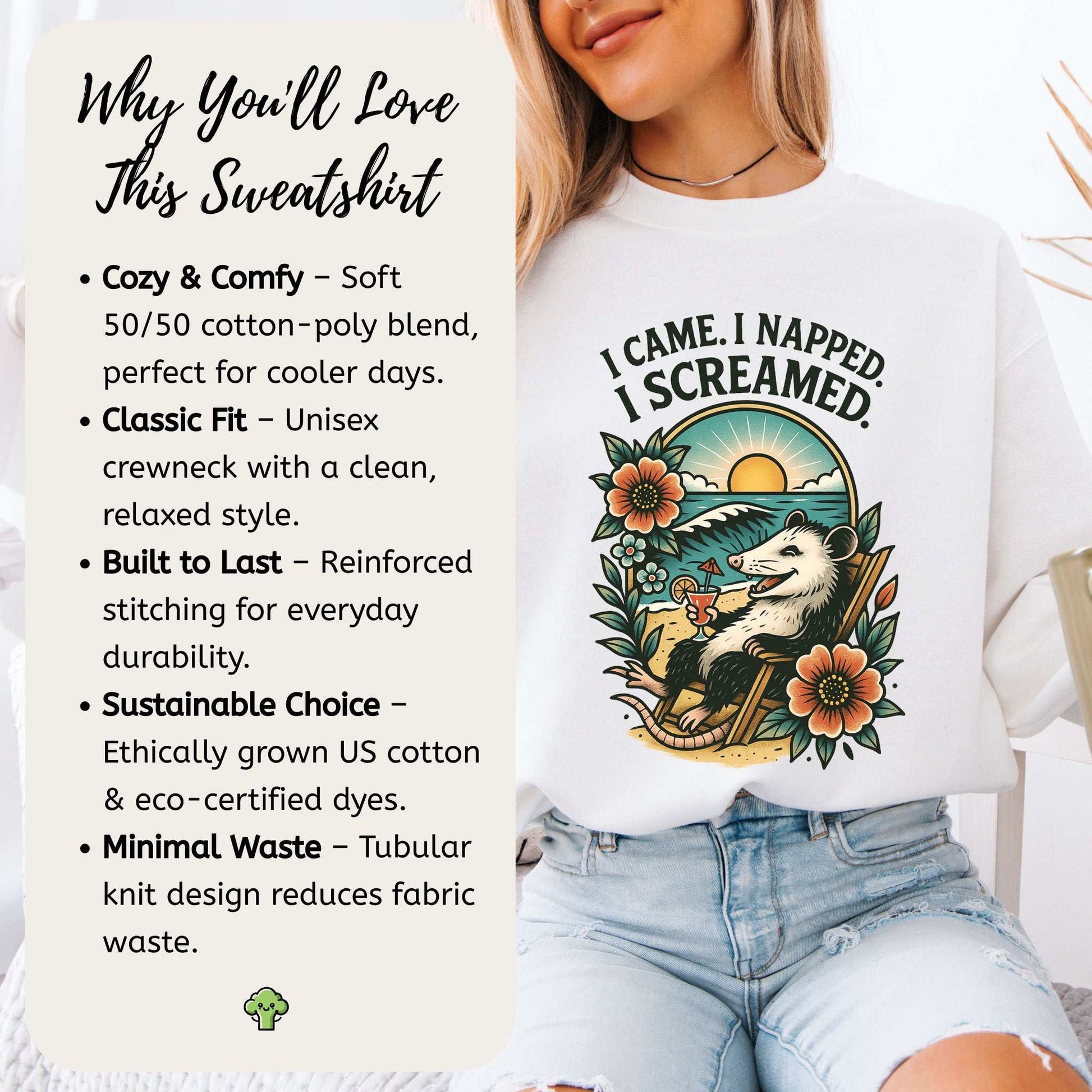 Opossum Beach Sweatshirt – I Came, I Napped, I Screamed Vacation Vibes