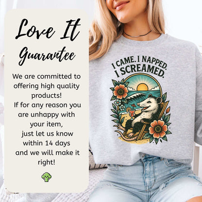 Opossum Beach Sweatshirt – I Came, I Napped, I Screamed Vacation Vibes