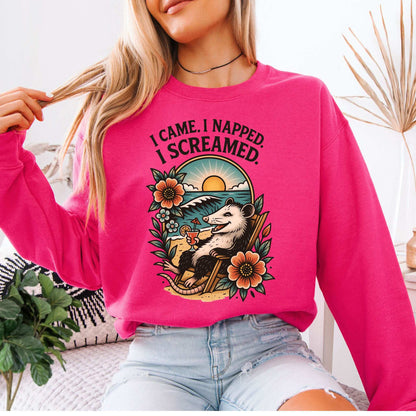 Opossum Beach Sweatshirt – I Came, I Napped, I Screamed Vacation Vibes