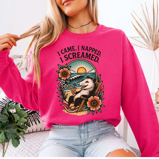 Opossum Beach Sweatshirt – I Came, I Napped, I Screamed Vacation Vibes