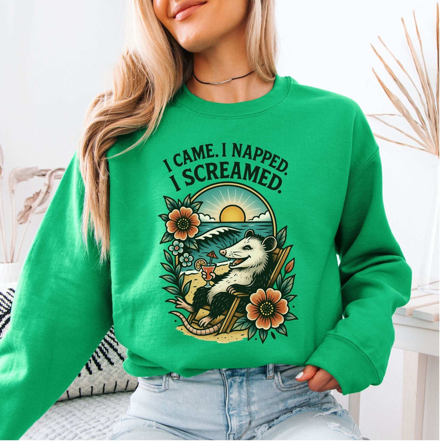 Opossum Beach Sweatshirt – I Came, I Napped, I Screamed Vacation Vibes