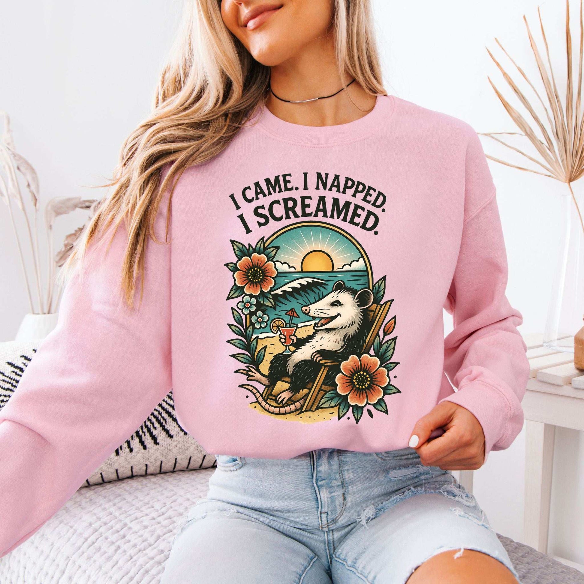 Opossum Beach Sweatshirt – I Came, I Napped, I Screamed Vacation Vibes