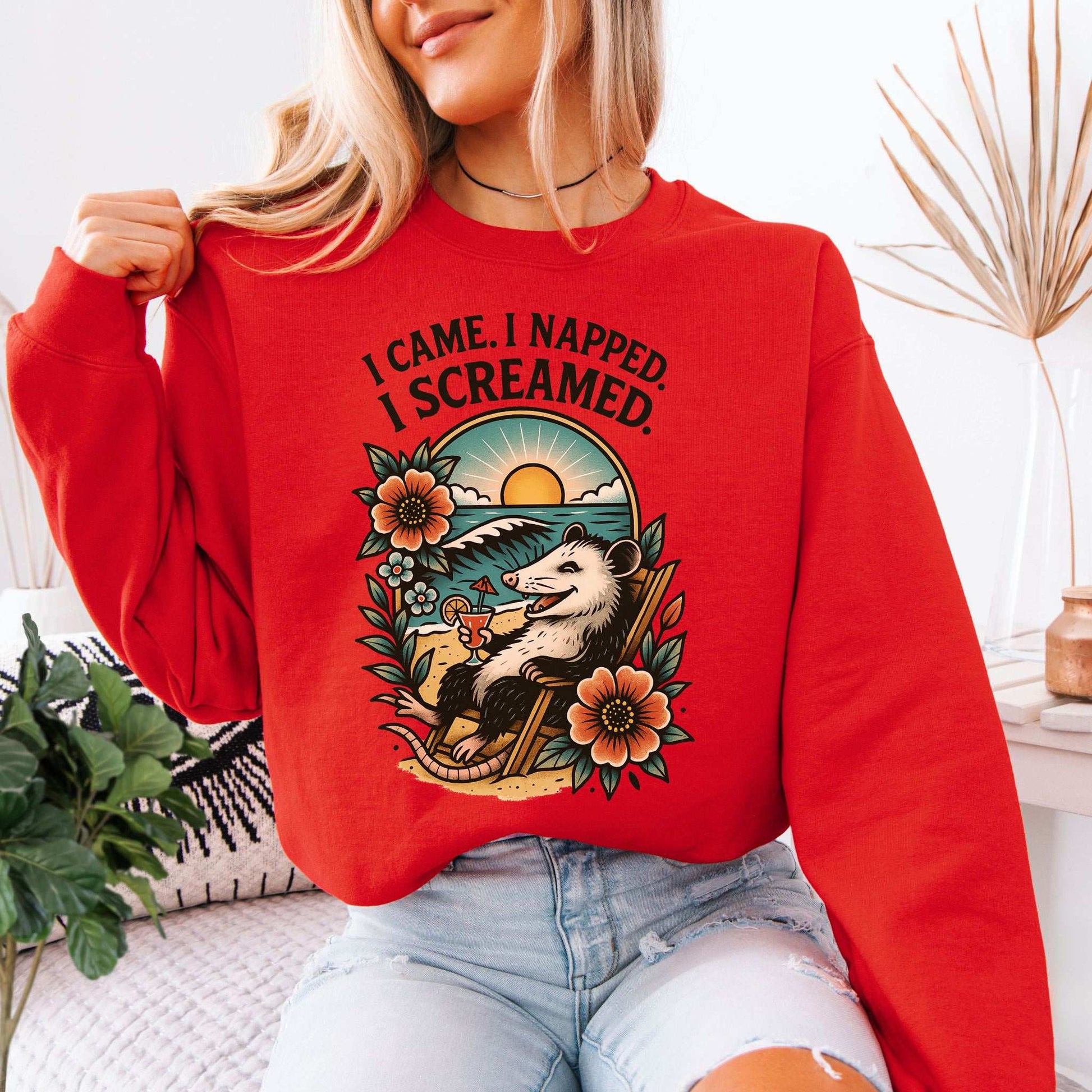 Opossum Beach Sweatshirt – I Came, I Napped, I Screamed Vacation Vibes