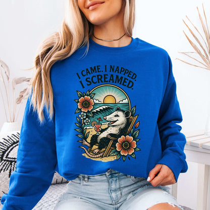 Opossum Beach Sweatshirt – I Came, I Napped, I Screamed Vacation Vibes