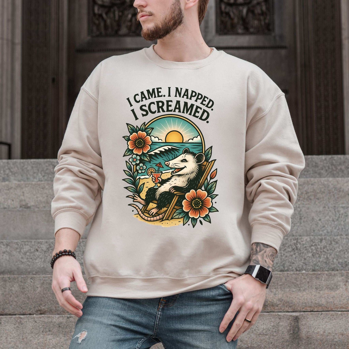Opossum Beach Sweatshirt – I Came, I Napped, I Screamed Vacation Vibes