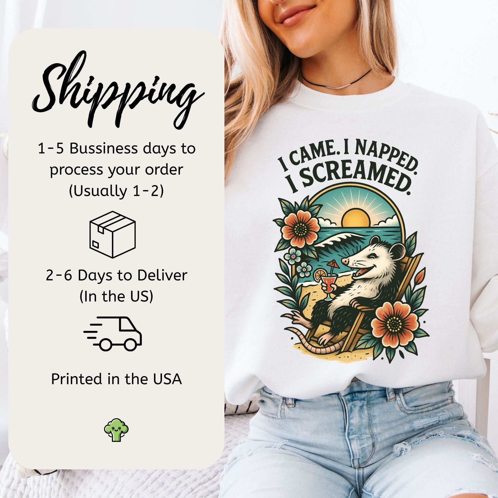 Opossum Beach Sweatshirt – I Came, I Napped, I Screamed Vacation Vibes