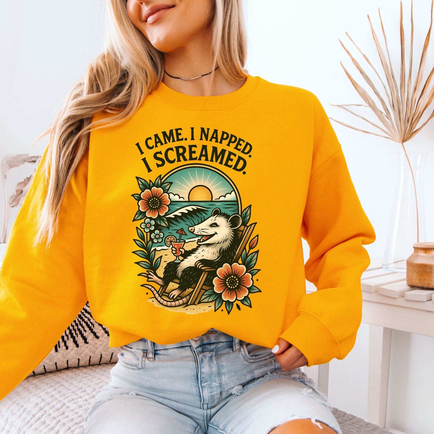 Opossum Beach Sweatshirt – I Came, I Napped, I Screamed Vacation Vibes