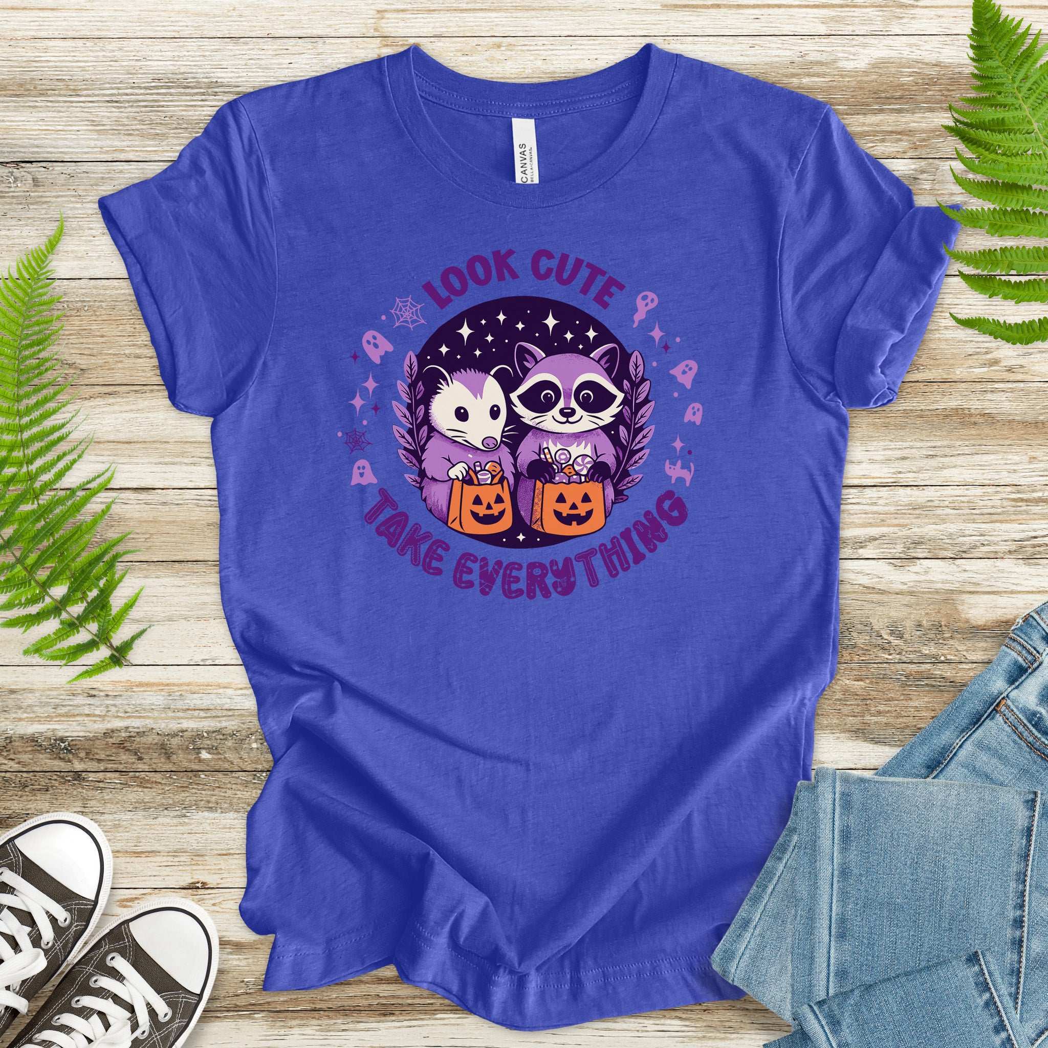Opossum & Raccoon Halloween T-shirt - Cute retro design for snack lovers and mischief makers.