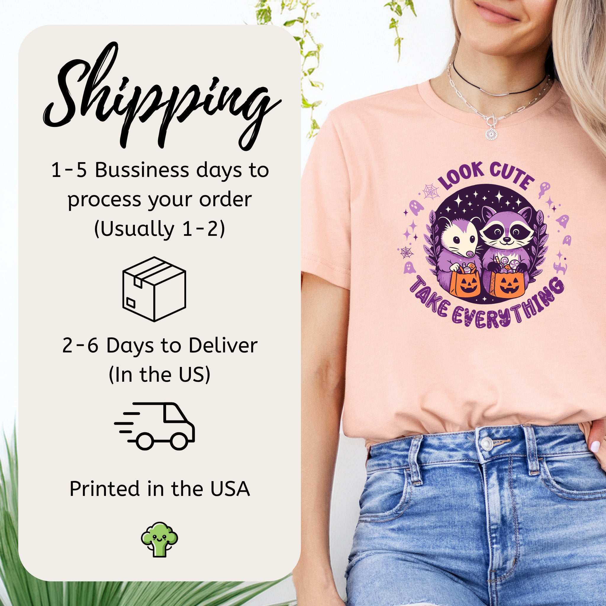 Opossum & Raccoon Halloween T-shirt with shipping info, featuring playful graphics and pastel colors.