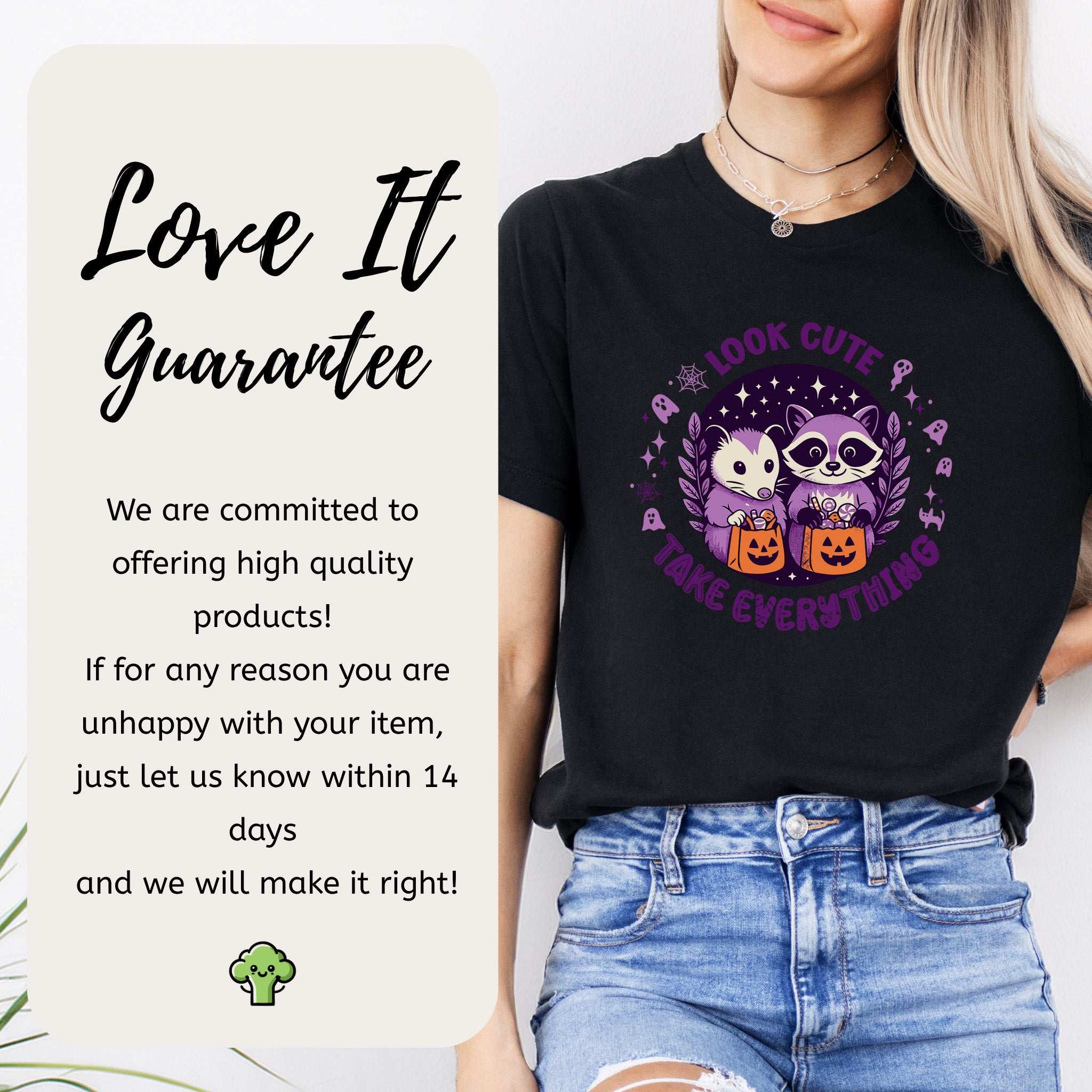 Opossum & Raccoon Halloween T-shirt featuring cute designs, perfect for Halloween mischief and snack theft.