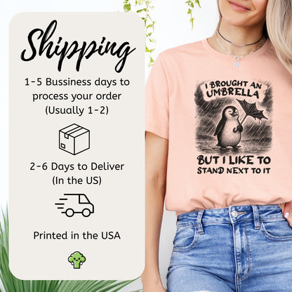 Penguin with Useless Umbrella T-Shirt – Funny Rainy Day Animal Tee