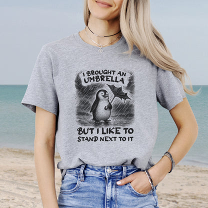 Penguin with Useless Umbrella T-Shirt – Funny Rainy Day Animal Tee