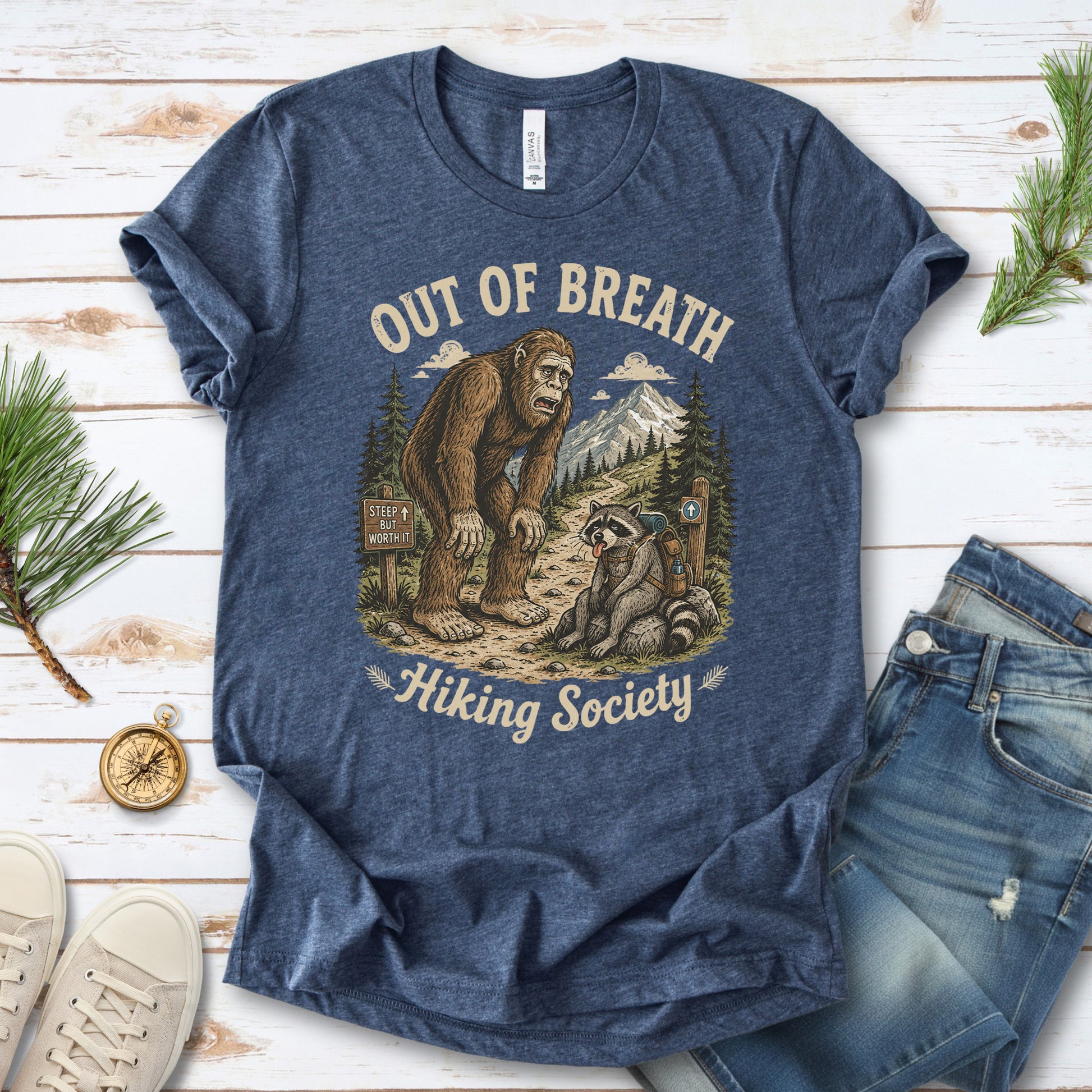 Out of Breath Trail Club Bigfoot Raccoon Funny Hiking T-Shirt