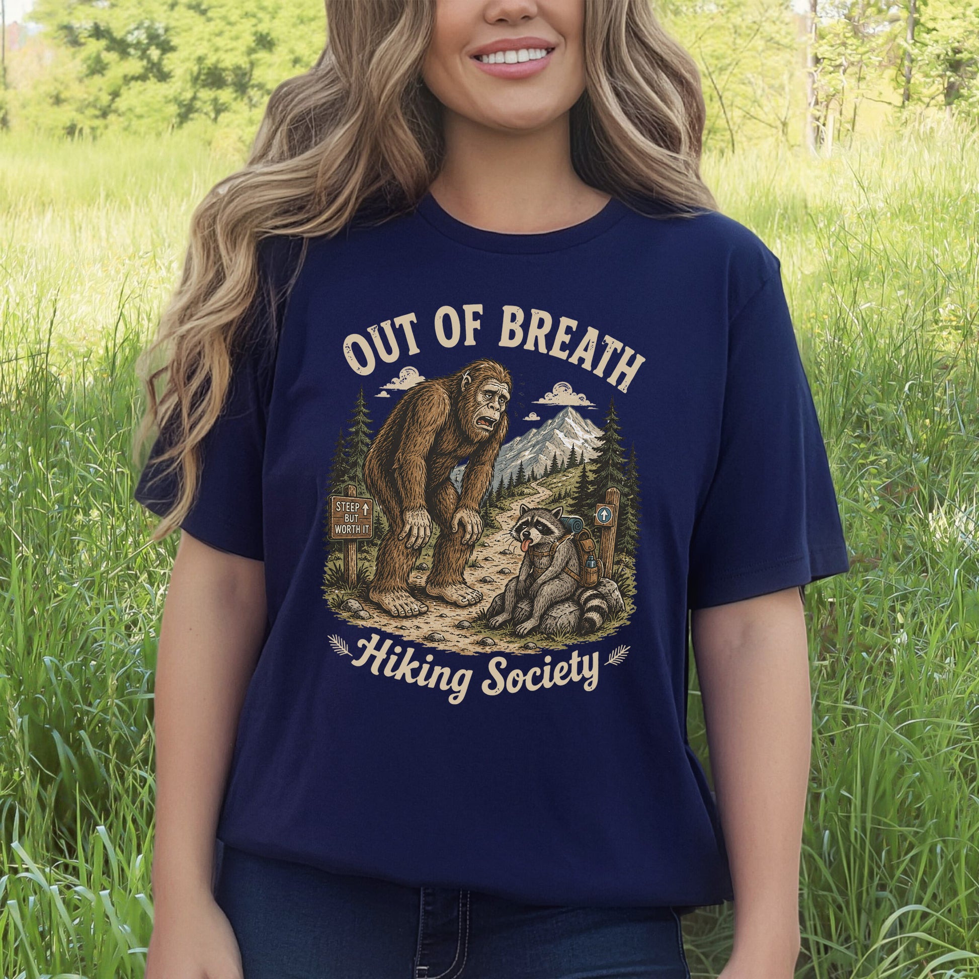 Out of Breath Trail Club Bigfoot Raccoon Funny Hiking T-Shirt