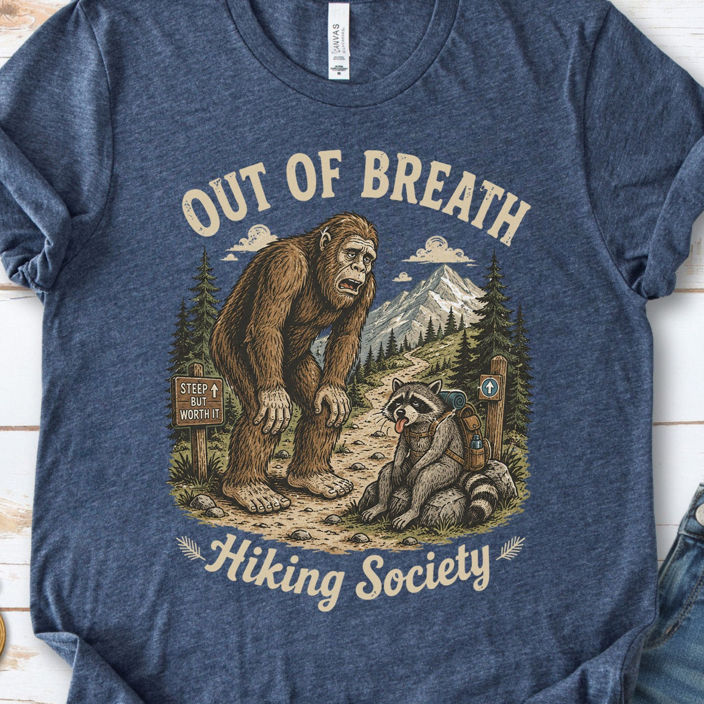 Out of Breath Trail Club Bigfoot Raccoon Funny Hiking T-Shirt