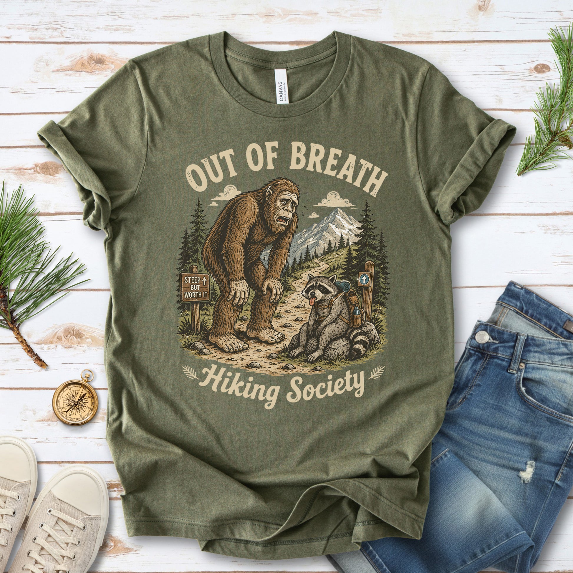 Out of Breath Trail Club Bigfoot Raccoon Funny Hiking T-Shirt
