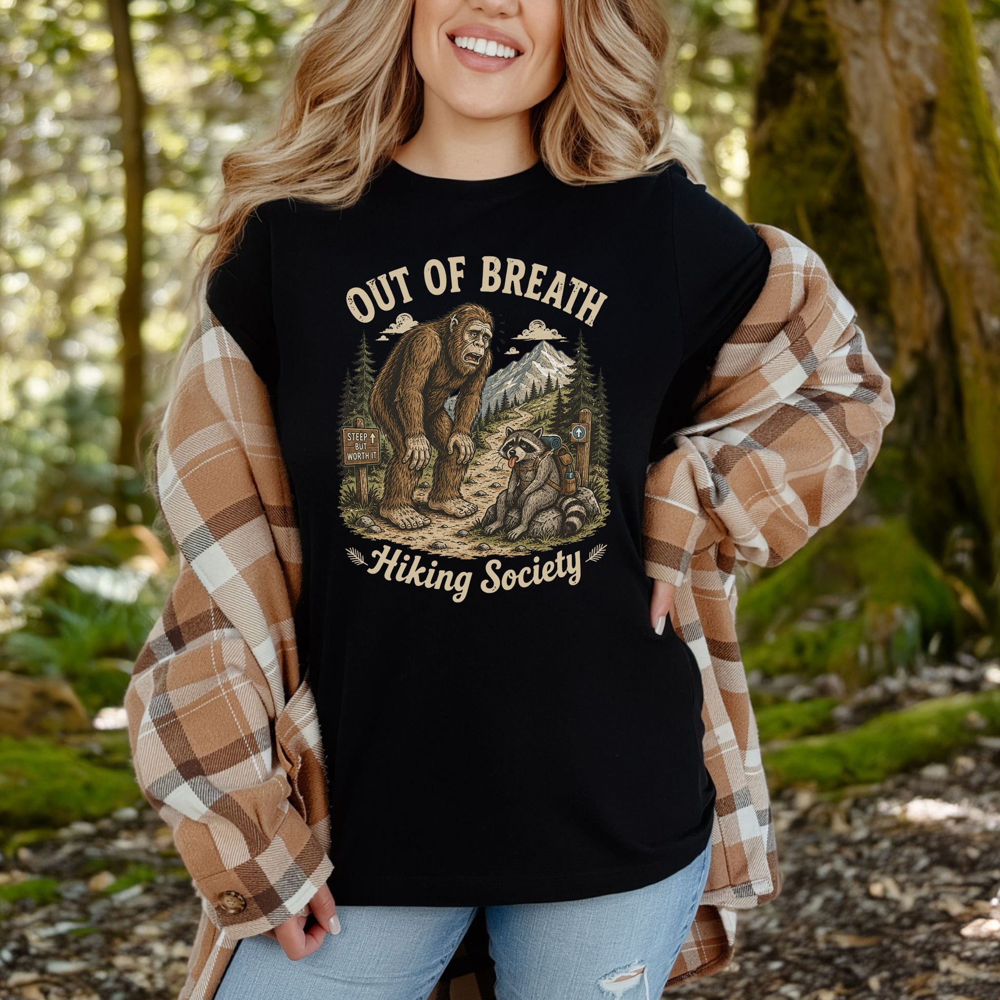 Out of Breath Trail Club Bigfoot Raccoon Funny Hiking T-Shirt