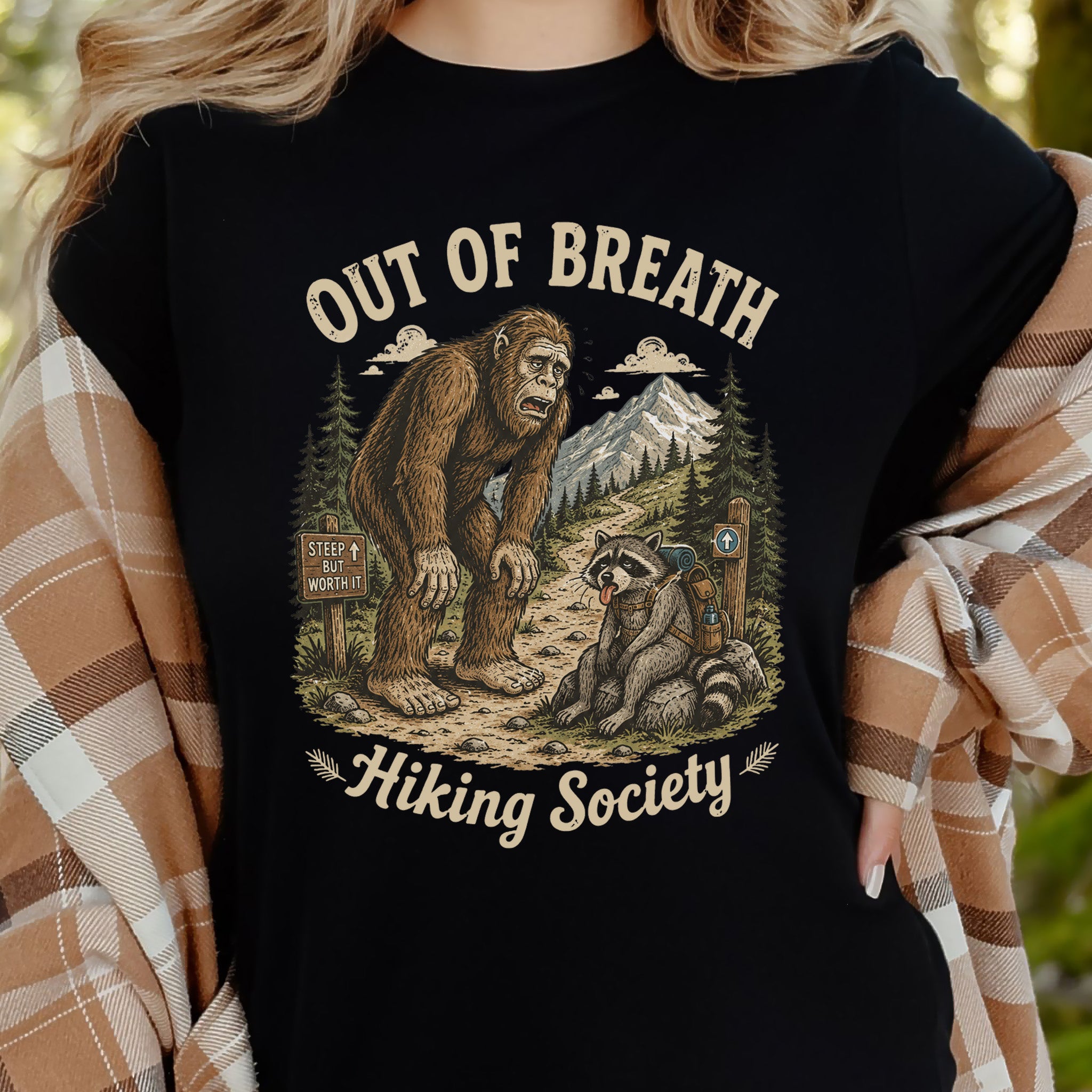 Out of Breath Trail Club Bigfoot Raccoon Funny Hiking T-Shirt