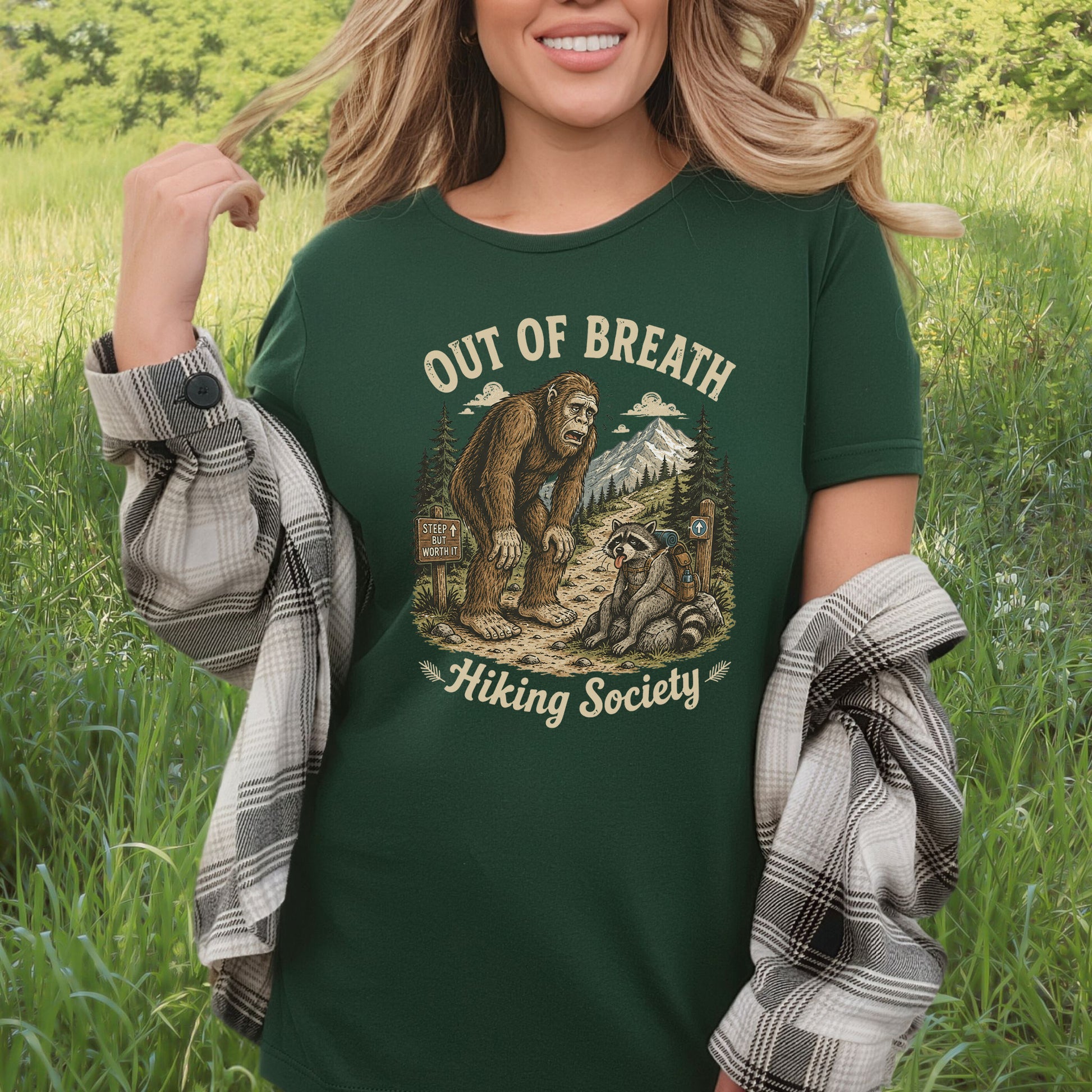 Out of Breath Trail Club Bigfoot Raccoon Funny Hiking T-Shirt