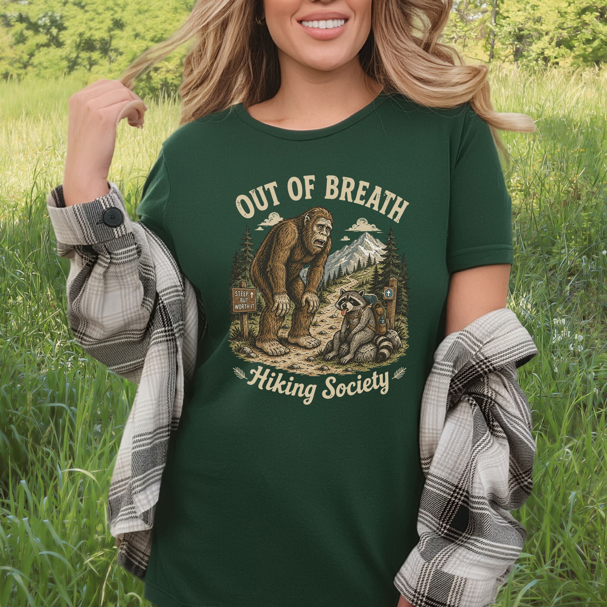 Out of Breath Trail Club Bigfoot Raccoon Funny Hiking T-Shirt