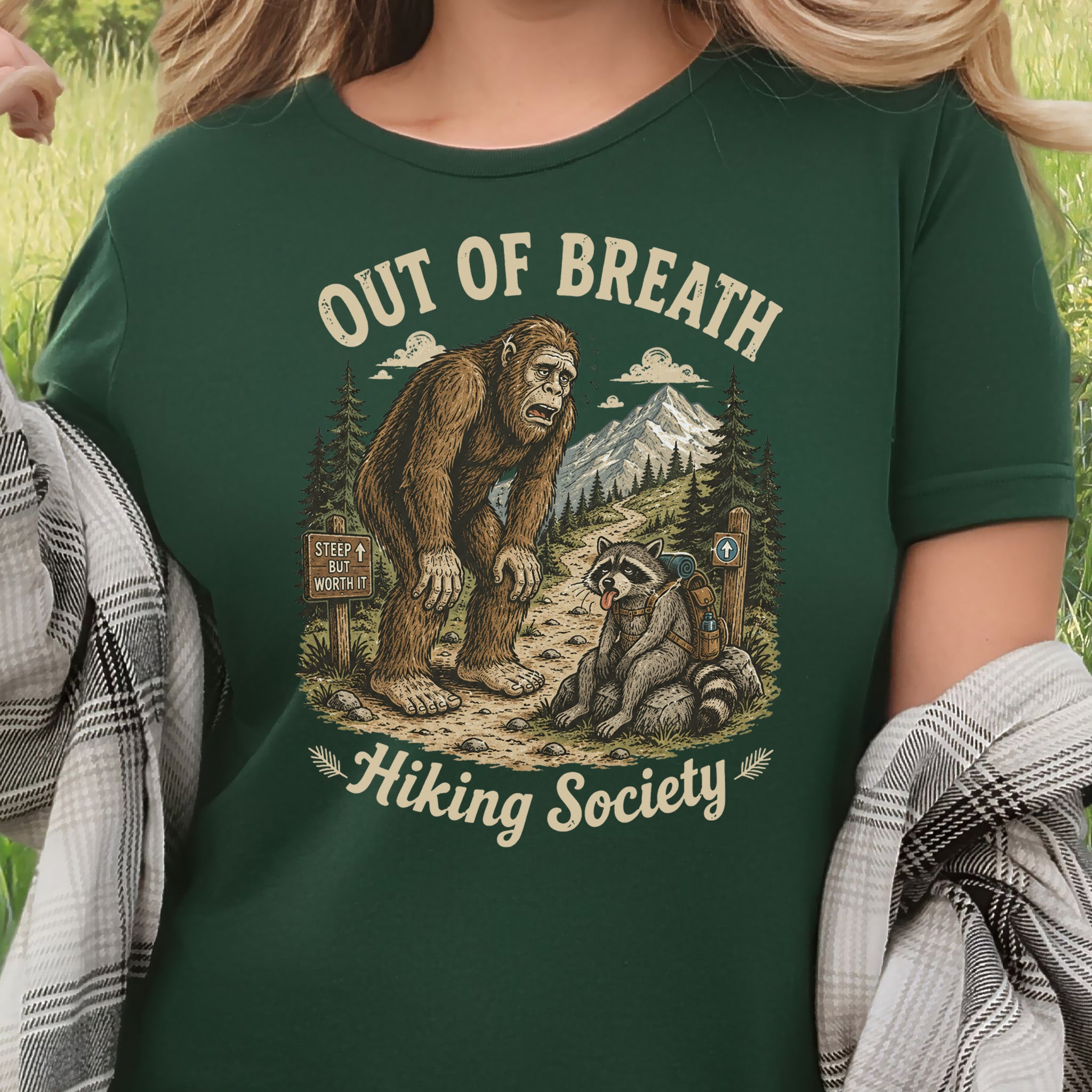 Out of Breath Trail Club Bigfoot Raccoon Funny Hiking T-Shirt