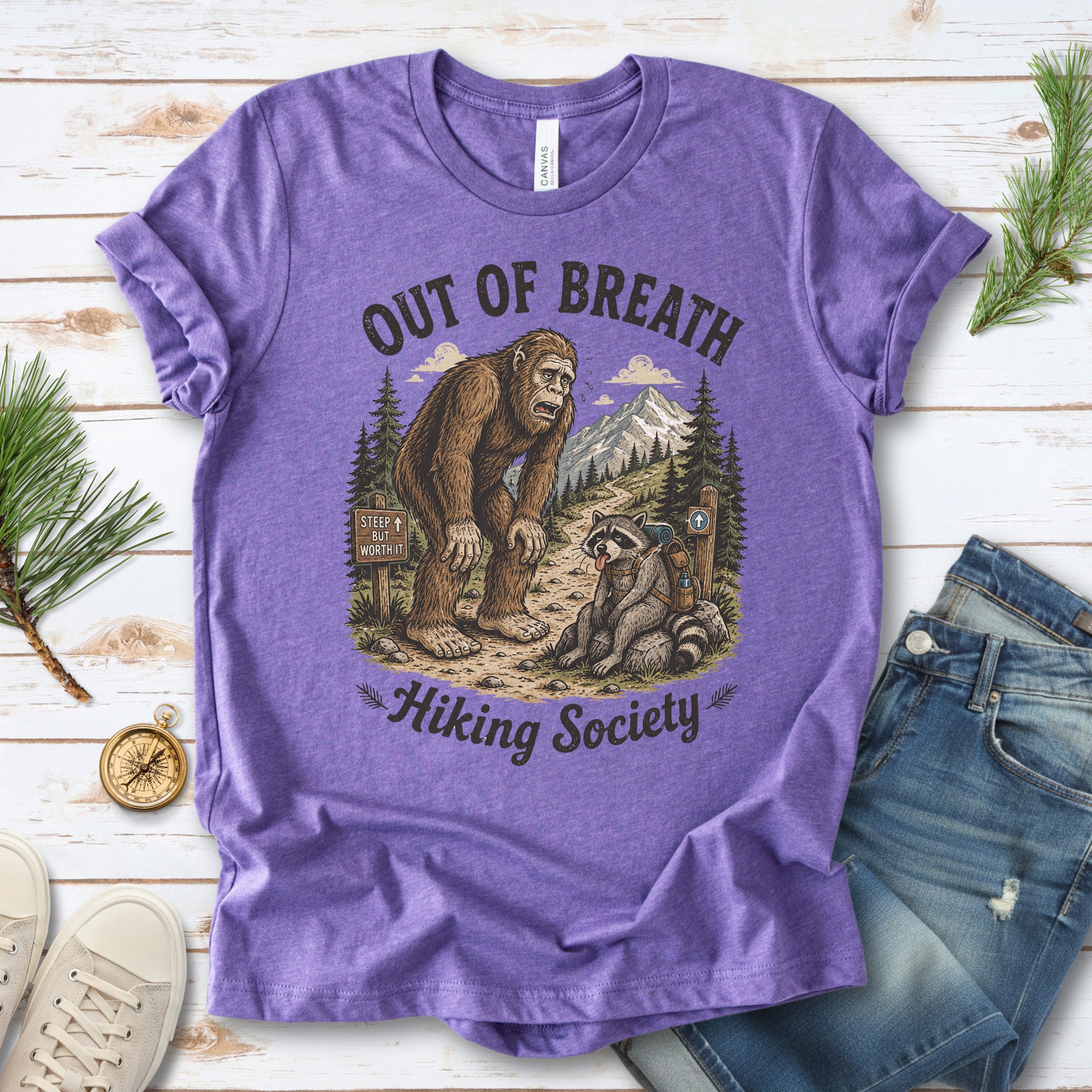Out of Breath Trail Club Bigfoot Raccoon Funny Hiking T-Shirt